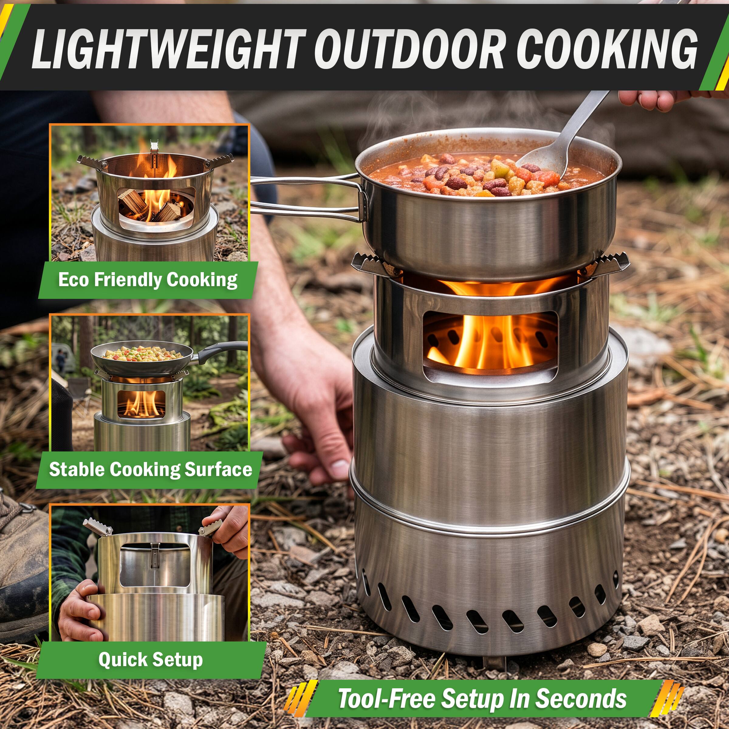 LIGHTWEIGHT OUTDOOR COOKING

- Eco Friendly Cooking
- Stable Cooking Surface
- Quick Setup
- Tool-Free Setup In Seconds