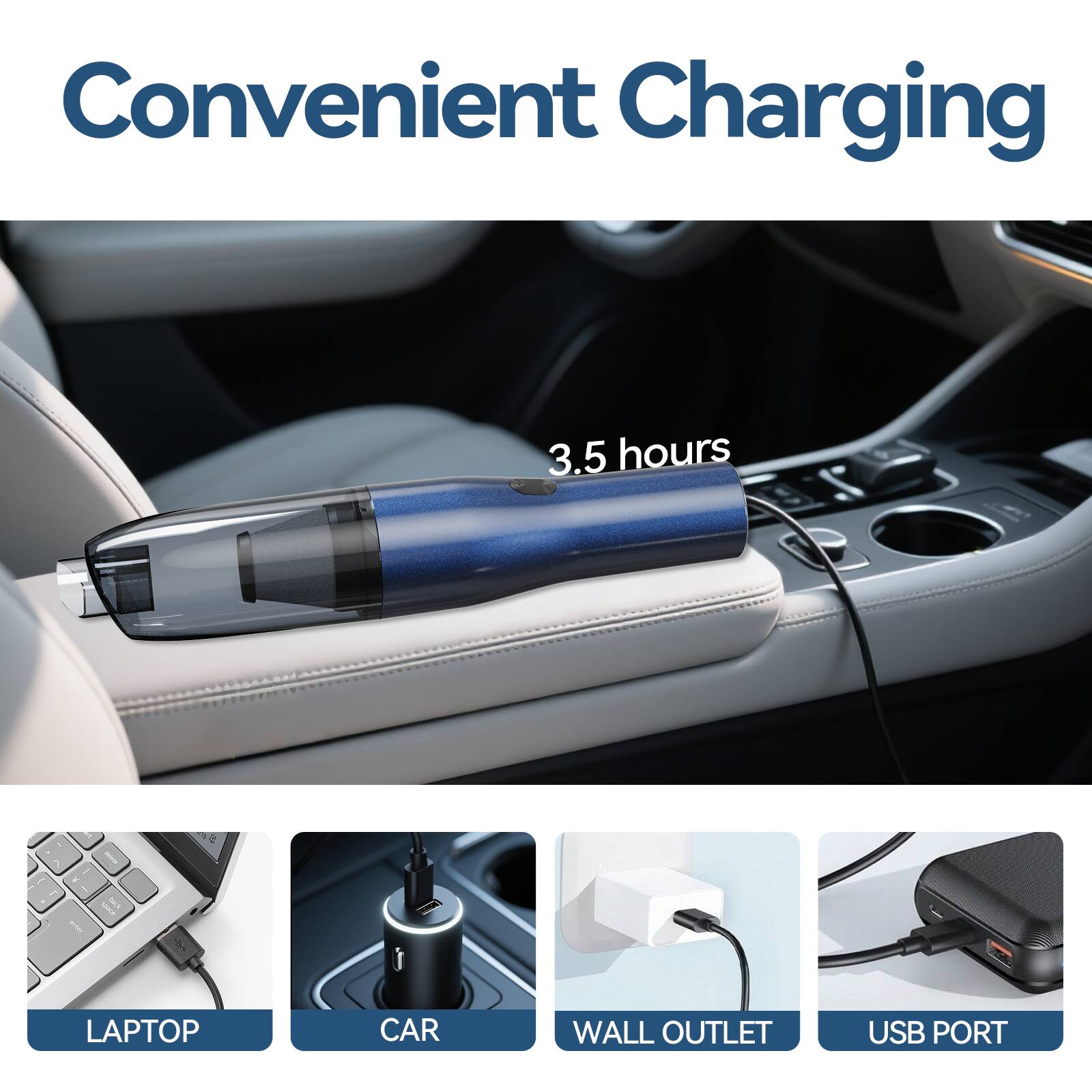Convenient Charging

3.5 hours

LAPTOP  
CAR  
WALL OUTLET  
USB PORT