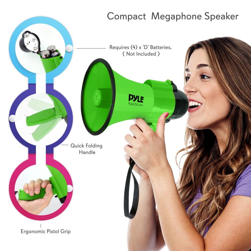 Compact Megaphone Speaker

- Requires (4) x 'D' Batteries, (Not Included)
- Quick Folding Handle
- Ergonomic Pistol Grip

PYLE
PyleUSA.com