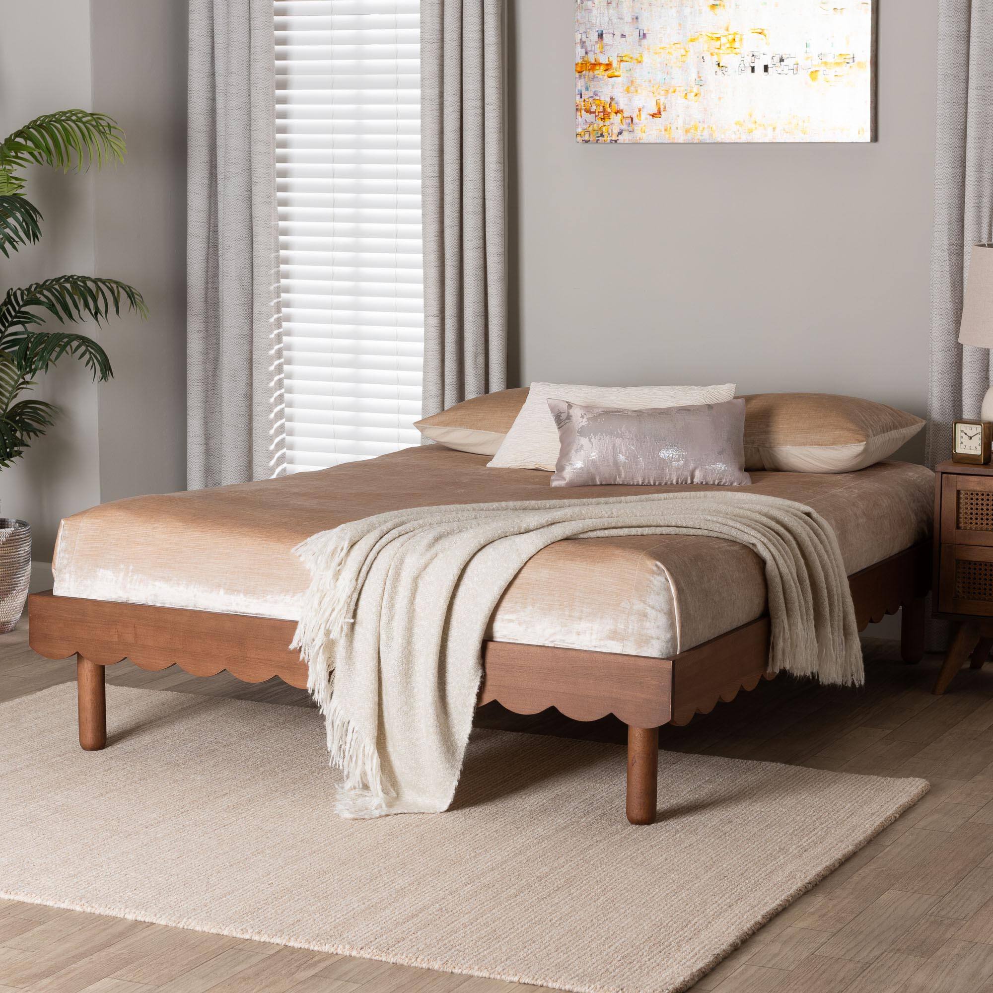 Alt View 2. Baxton Studio - Orianthe Wood Platform Bed Frame with Scalloped Edge Design - Low Profile Bed Base, Queen Size - Walnut Brown.