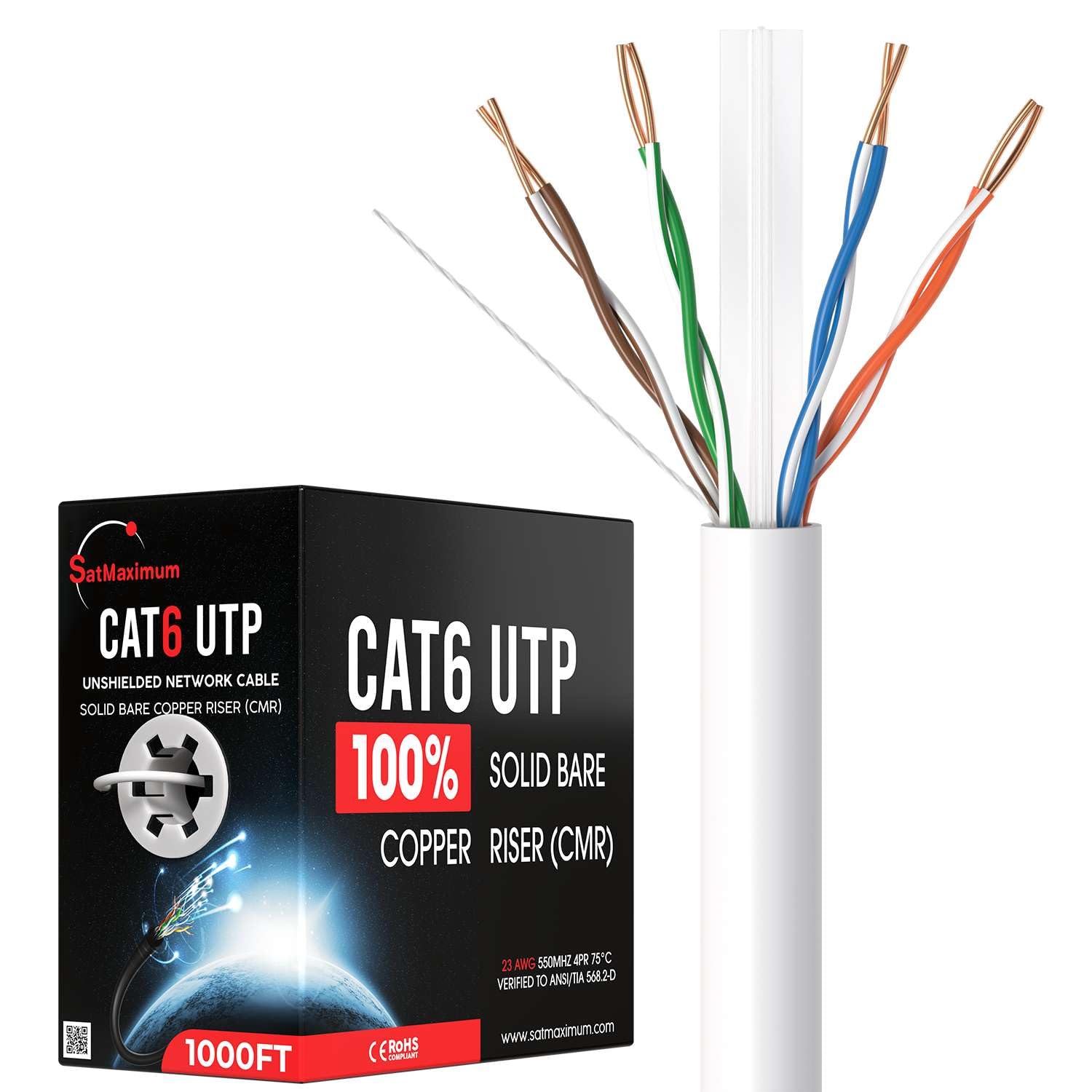 SatMaximum CAT6 UTP UNSHIELDED NETWORK CABLE SOLID BARE COPPER RISER (CMR) CAT6 UTP 100% SOLID BARE COPPER RISER (CMR) ANG 550MHZ SPR 75C 23 VERIFIED 10 ANSU/TIA 568.2-D E 1000FT (ROHS Sat www.satmaximum.com