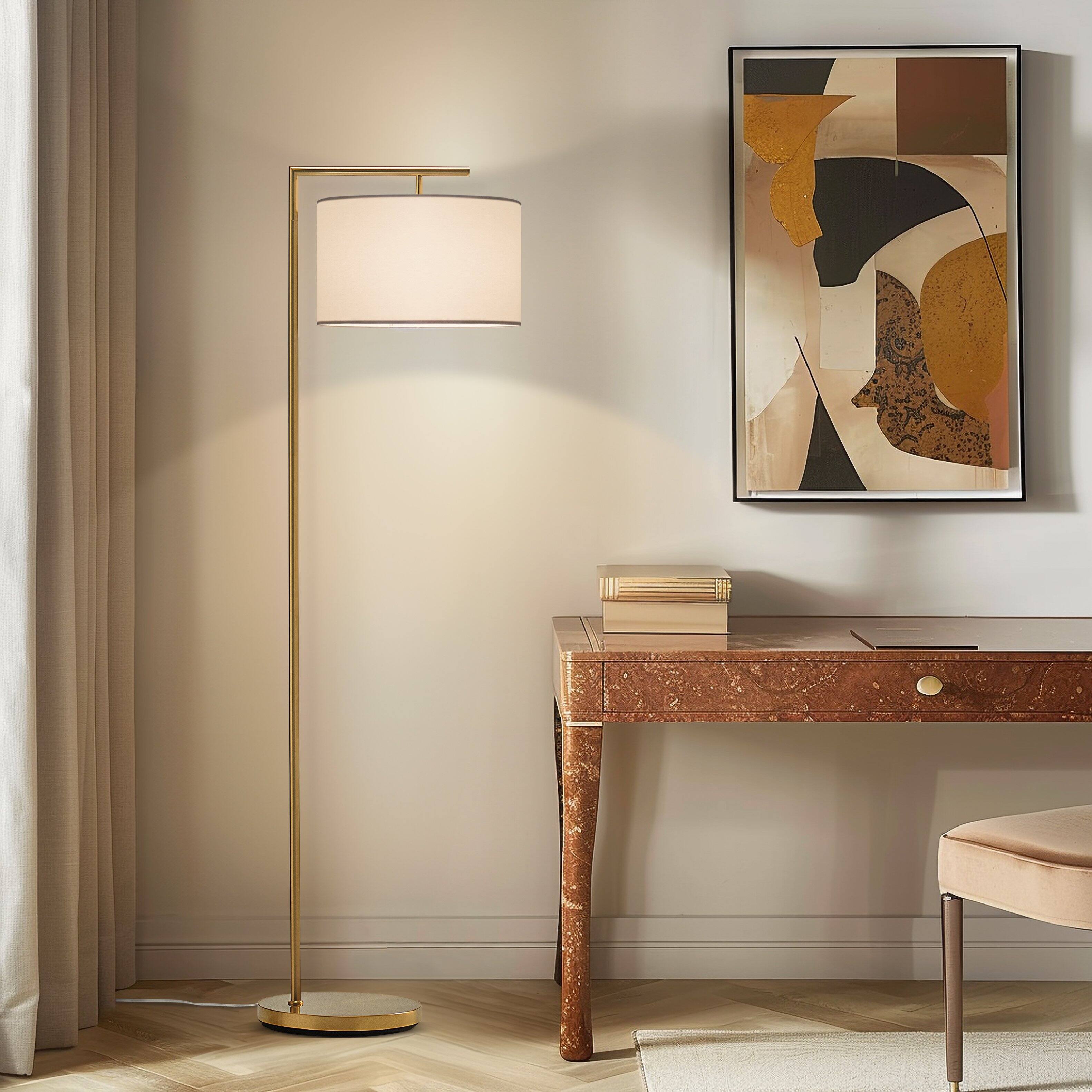 Alt View 6. Brightech - Montage Modern LED Midcentury Modern Arc Super Bright Floor Lamp with Ivory White Fabric Drum Shade - Antiqued Brass.