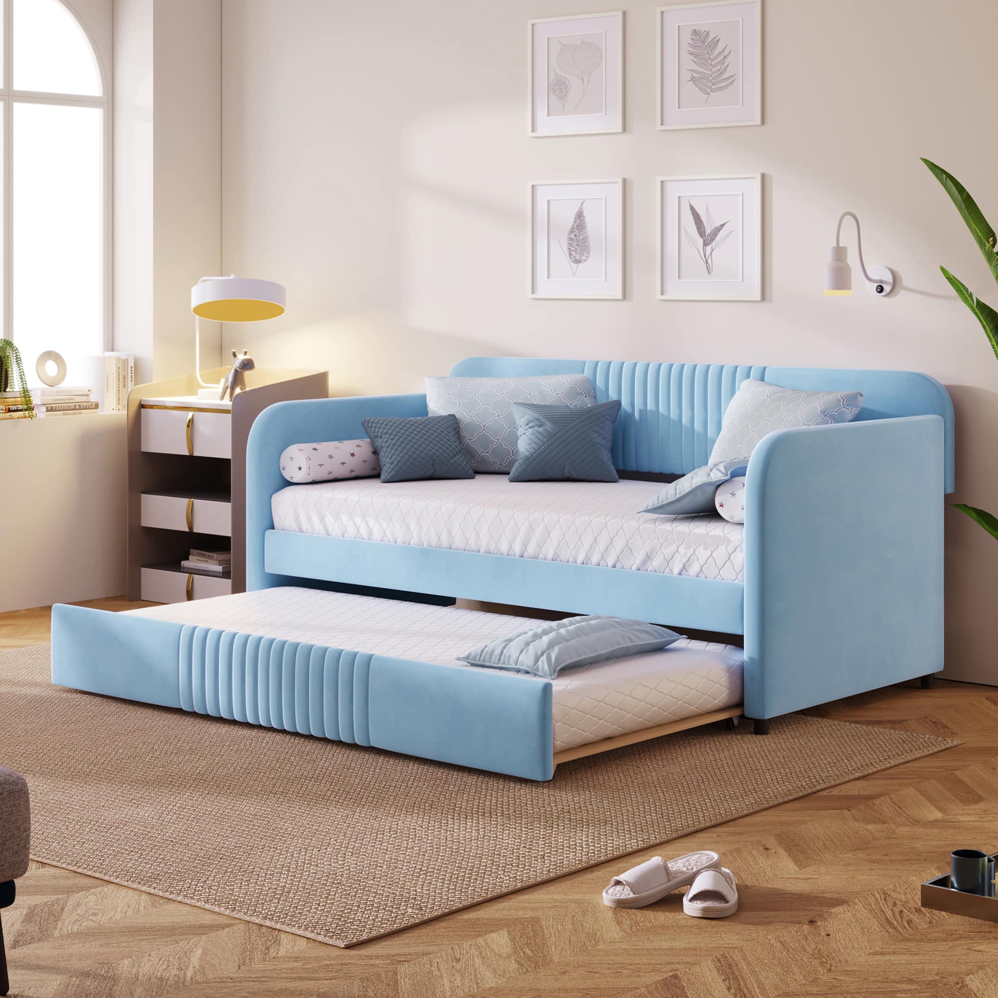 Tiramisubest - Upholstered Daybed Sofa Bed Twin Size With Trundle Bed and Wood Slat, Light Blue - Light Blue