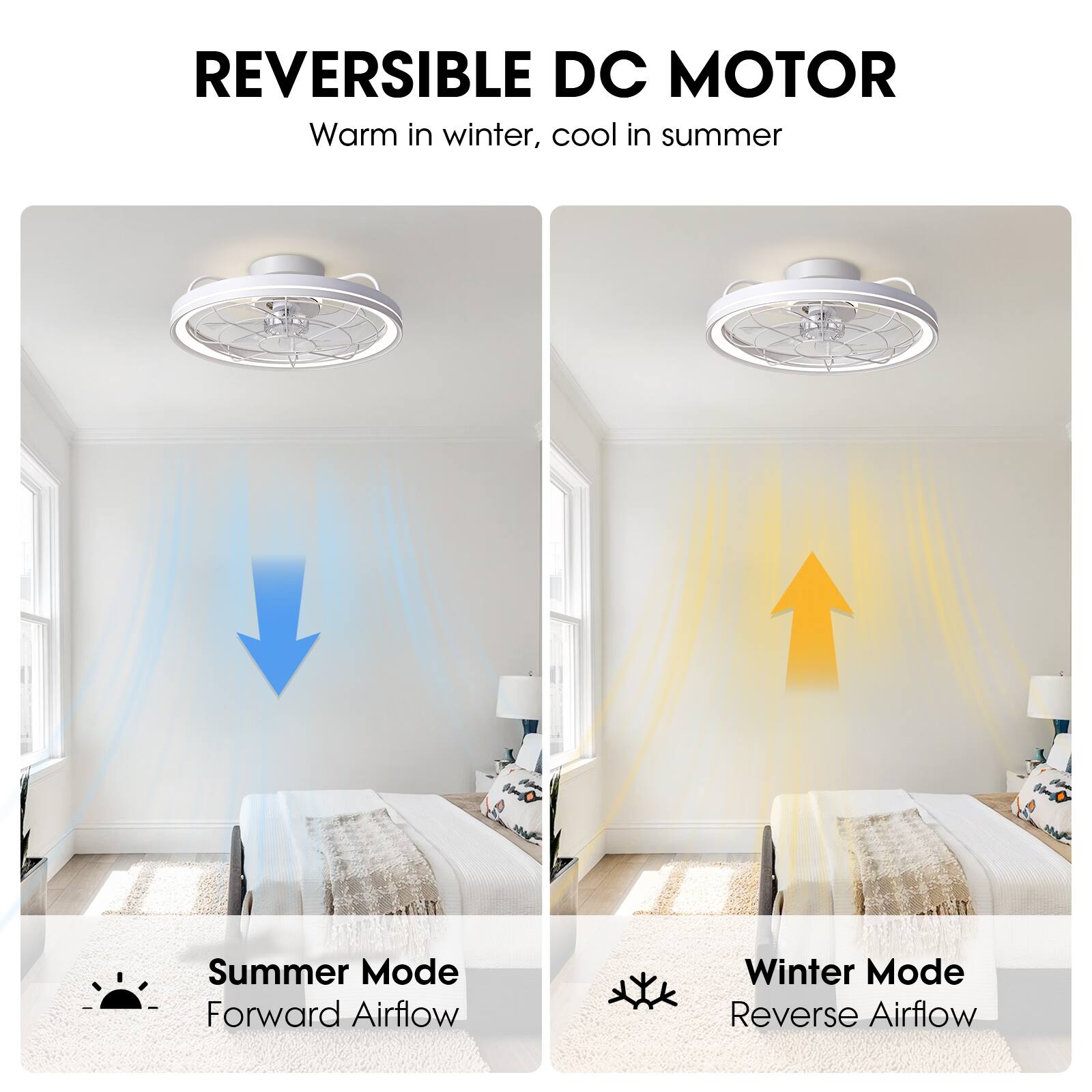 REVERSIBLE DC MOTOR  
Warm in winter, cool in summer  

Summer Mode  
Forward Airflow  

Winter Mode  
Reverse Airflow