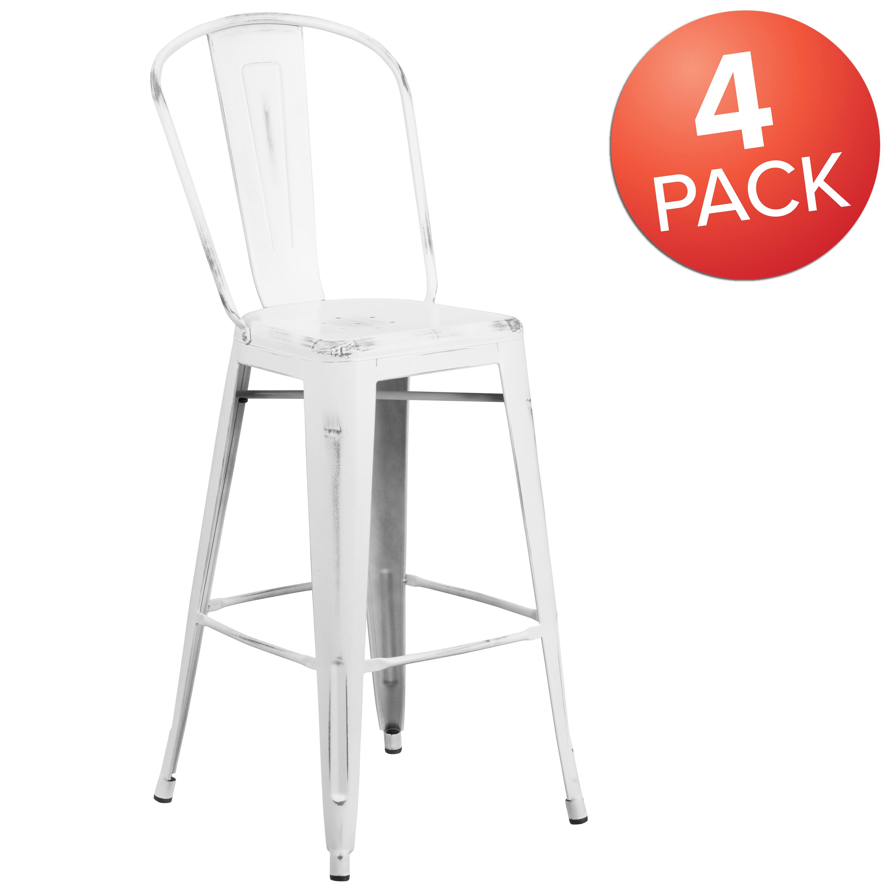 Alt View 1. Emma + Oliver - Commercial Grade 4 Pack 30" High Distressed Metal Indoor-Outdoor Barstool with Back - White.