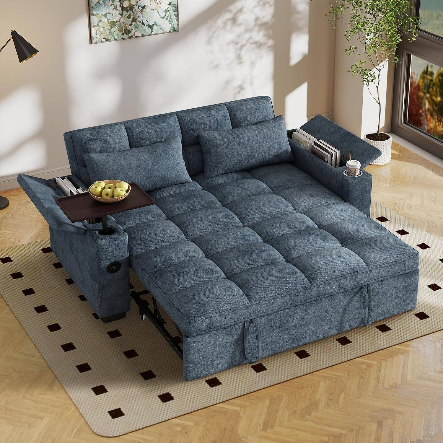 Angle. Anysun - 65" Chenille Convertible Sleeper Sofa with Cup Holder & Storage Armrests, Swivel Table, Adjustable Backrest - Blue.