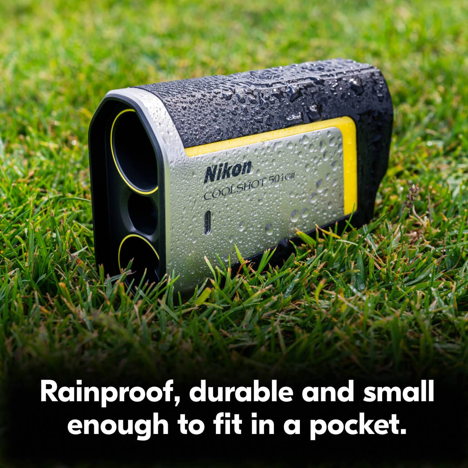 Nikon COOLSHOT 501GII

Rainproof, durable and small enough to fit in a pocket.