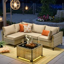 Ovios - 5 PCS Sectional Patio Furniture Set Outdoor Rattan Comfy Sofa with Coffee Table for Garden - Beige