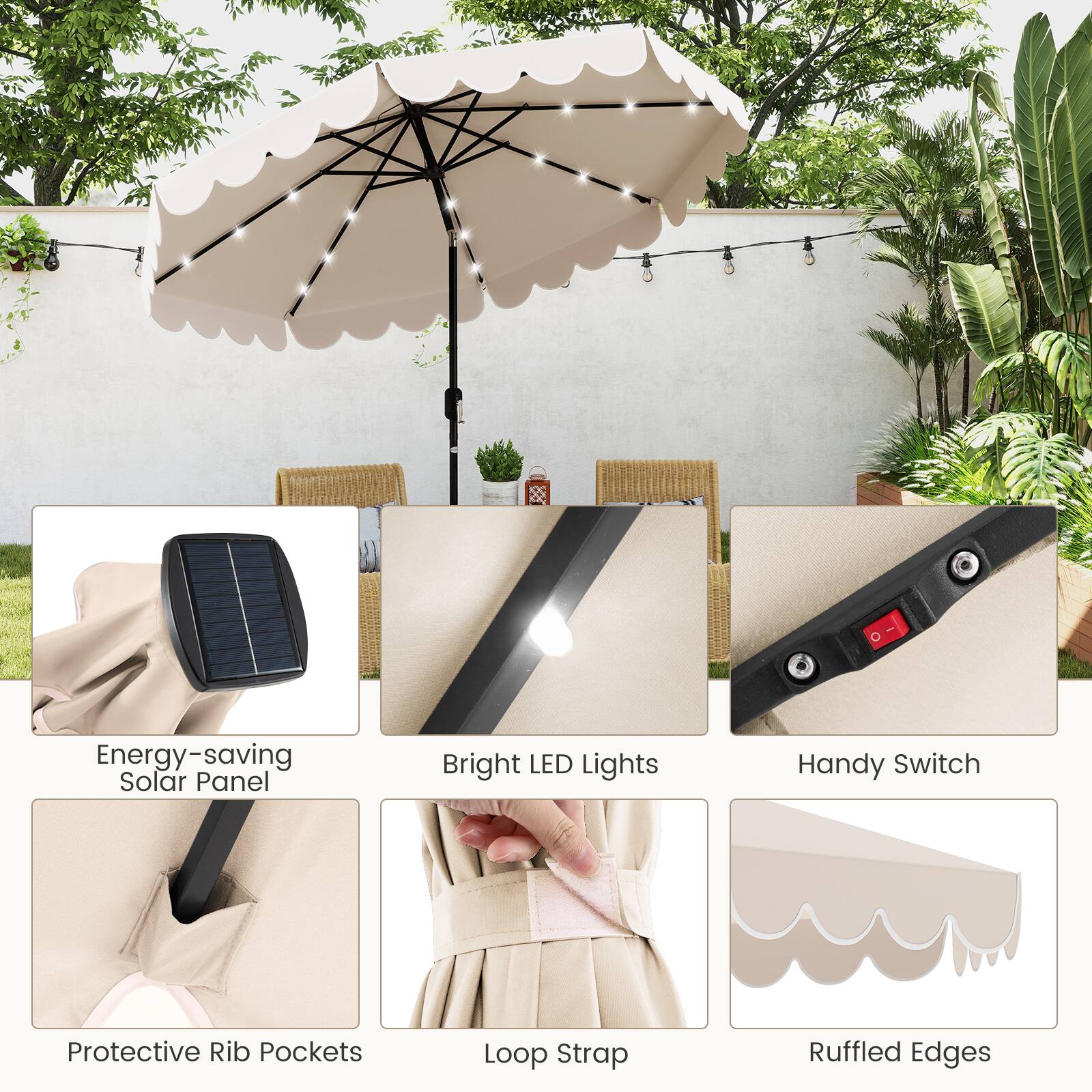 Energy-saving Solar Panel, Bright LED Lights, Handy Switch, Protective Rib Pockets, Loop Strap, Ruffled Edges