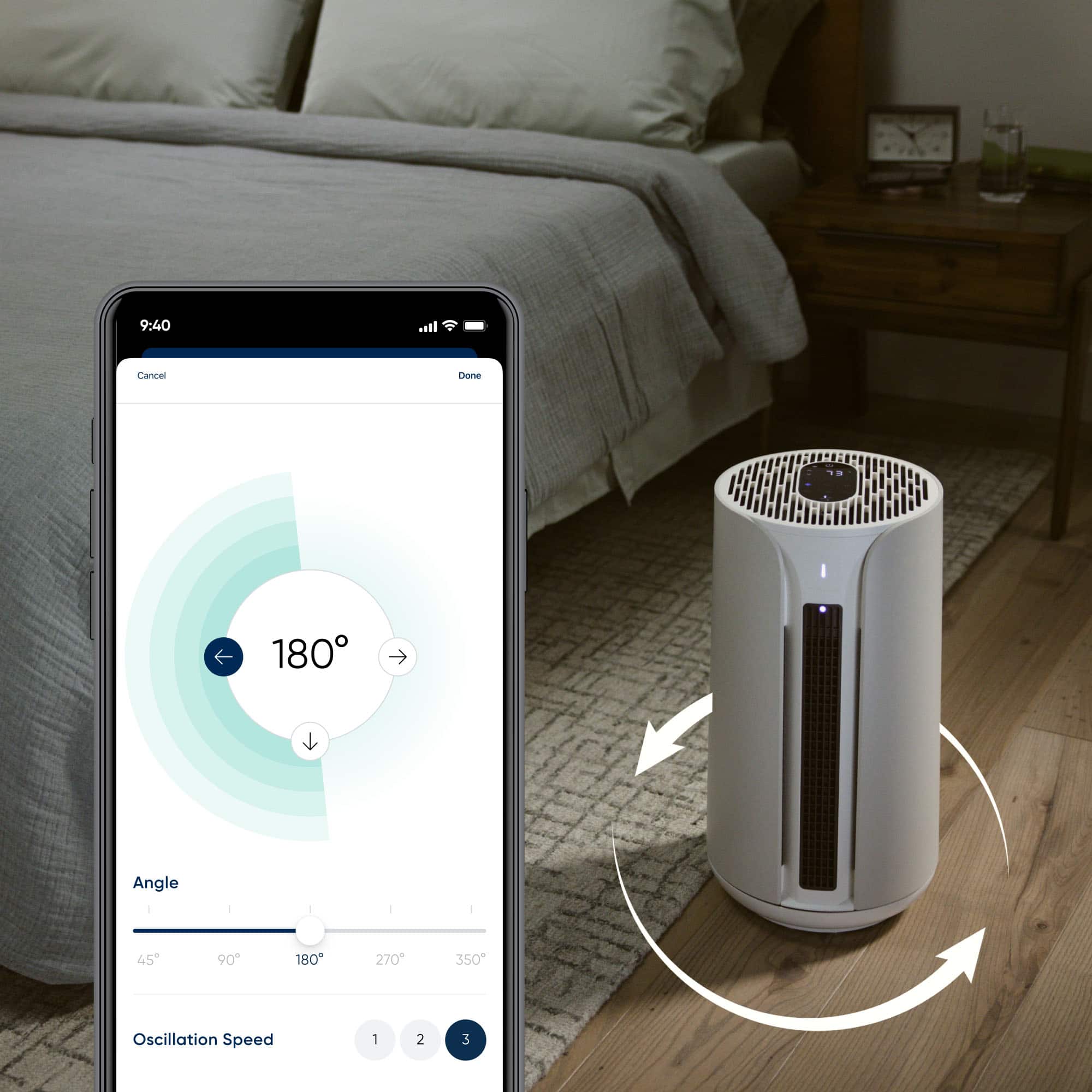 The image shows a bed with a white fan on the floor next to it. A cell phone is placed on the bed, displaying the temperature and humidity in the room. The temperature is 180 degrees Fahrenheit, and the humidity is 45%. The fan is set to oscillate at a speed of 1, 2, or 3. The image also shows the time, which is 9:40.