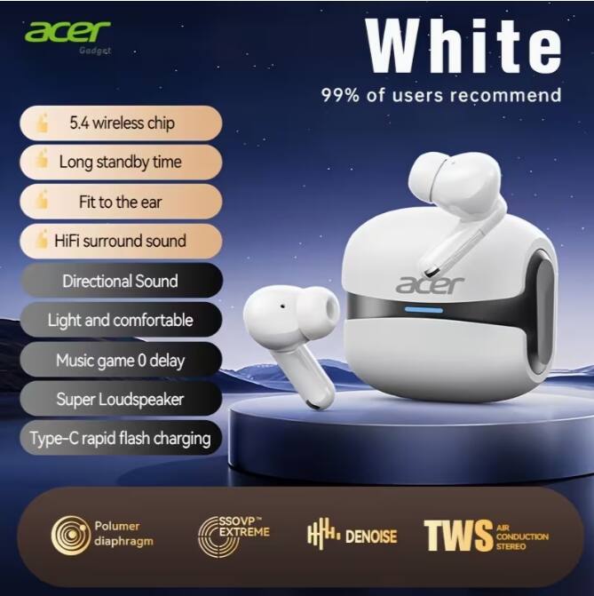 acer Gadget  
5.4 wireless chip  
Long standby time  
Fit to the ear  
HiFi surround sound  
Directional Sound  
Light and comfortable  
Music game 0 delay  
Super Loudspeaker  
Type-C rapid flash charging  
Polymers diaphragm  
SSOVP- EXTREME  
AIR CONDUCTION STEREO  
HH. DENOISE  
TWS