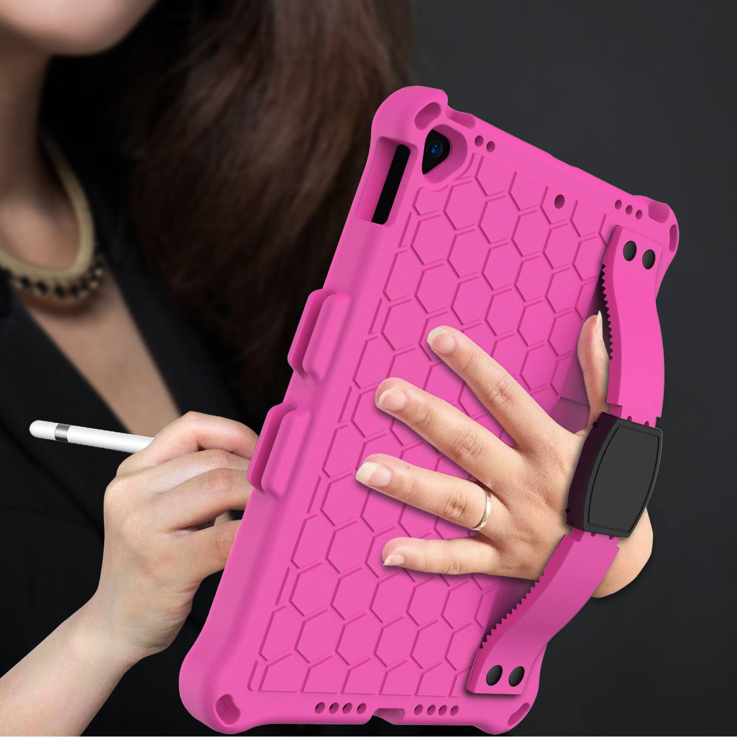 Back. UUCOVER - Kids Case for iPad 9th 8th 7th Gen 10.2-inch (2021/2020/2019) Shockproof EVA+TPU Stand Cover with Shoulder Strap - Rose.
