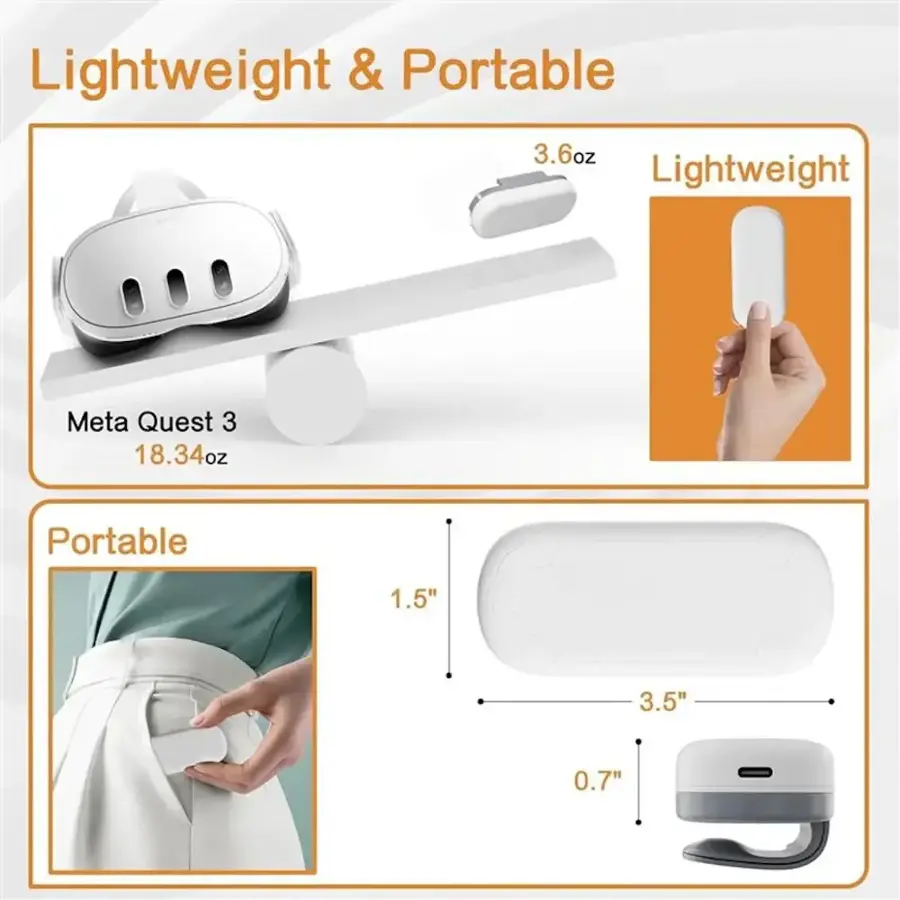 Lightweight & Portable: 3.6oz Lightweight Meta Quest 3: 18.34oz Portable: 1.5" 3.5" 0.7"