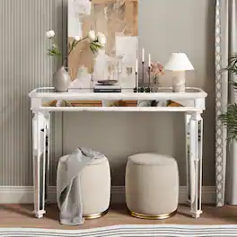 Loheer - Mirrored Console Table, Vintage Wood Carved Entryway Table, Curved Sofa Table - Oak and Silver