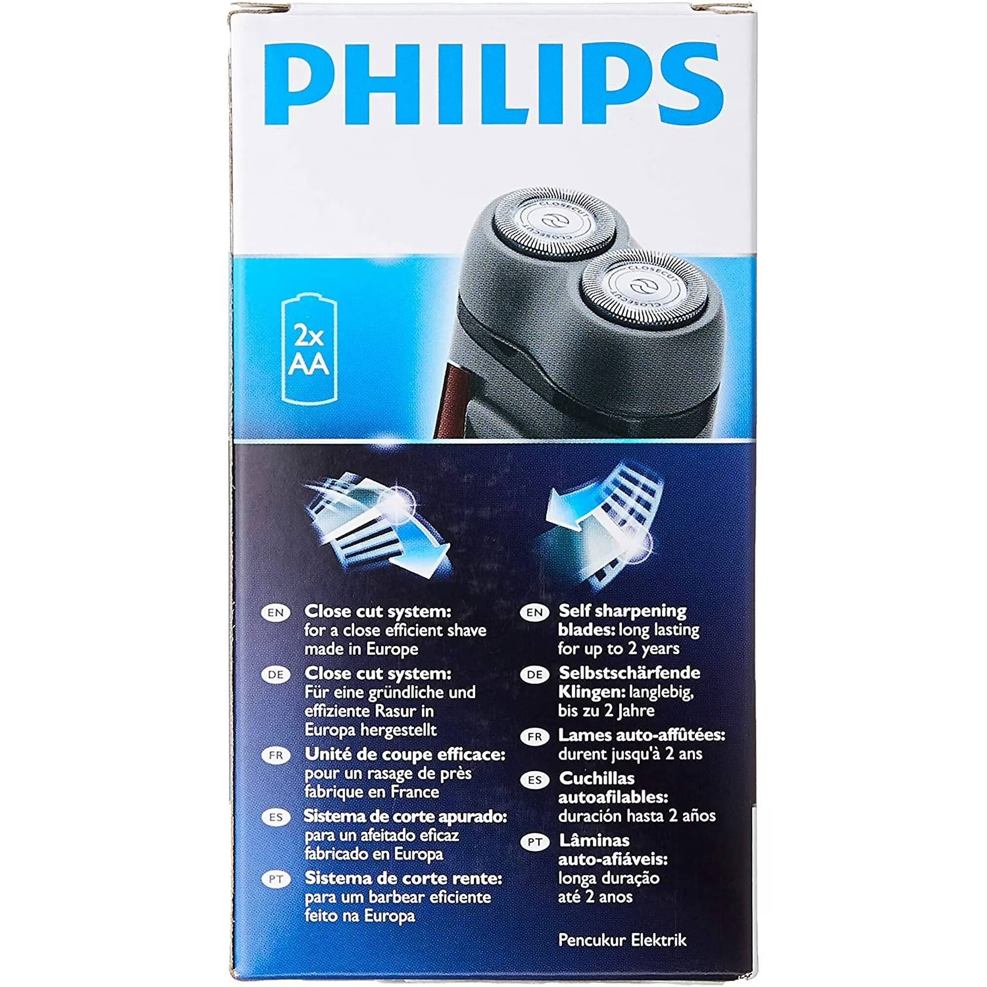 PHILIPS  
2x AA  

Close cut system:  
EN: for a close efficient shave made in Europe  
DE: Für eine gründliche und effiziente Rasur in Europa hergestellt  
FR: pour un rasage de près fabriqué en France  
ES: para un afeitado eficaz fabricado en Europa  
PT: para um barbear eficiente feito na Europa  

Self sharpening blades: long lasting for up to 2 years  
EN: blades: long lasting for up to 2 years  
DE: Klingen: langlebig, bis zu 2 Jahre  
FR: Lames auto-affûtées: durent jusqu'à 2 ans  
ES: Cuchillas autoafilables: duración hasta 2 años  
PT: Lâminas auto-afiáveis: longa duração até 2 anos  

Pencukur Elektrik