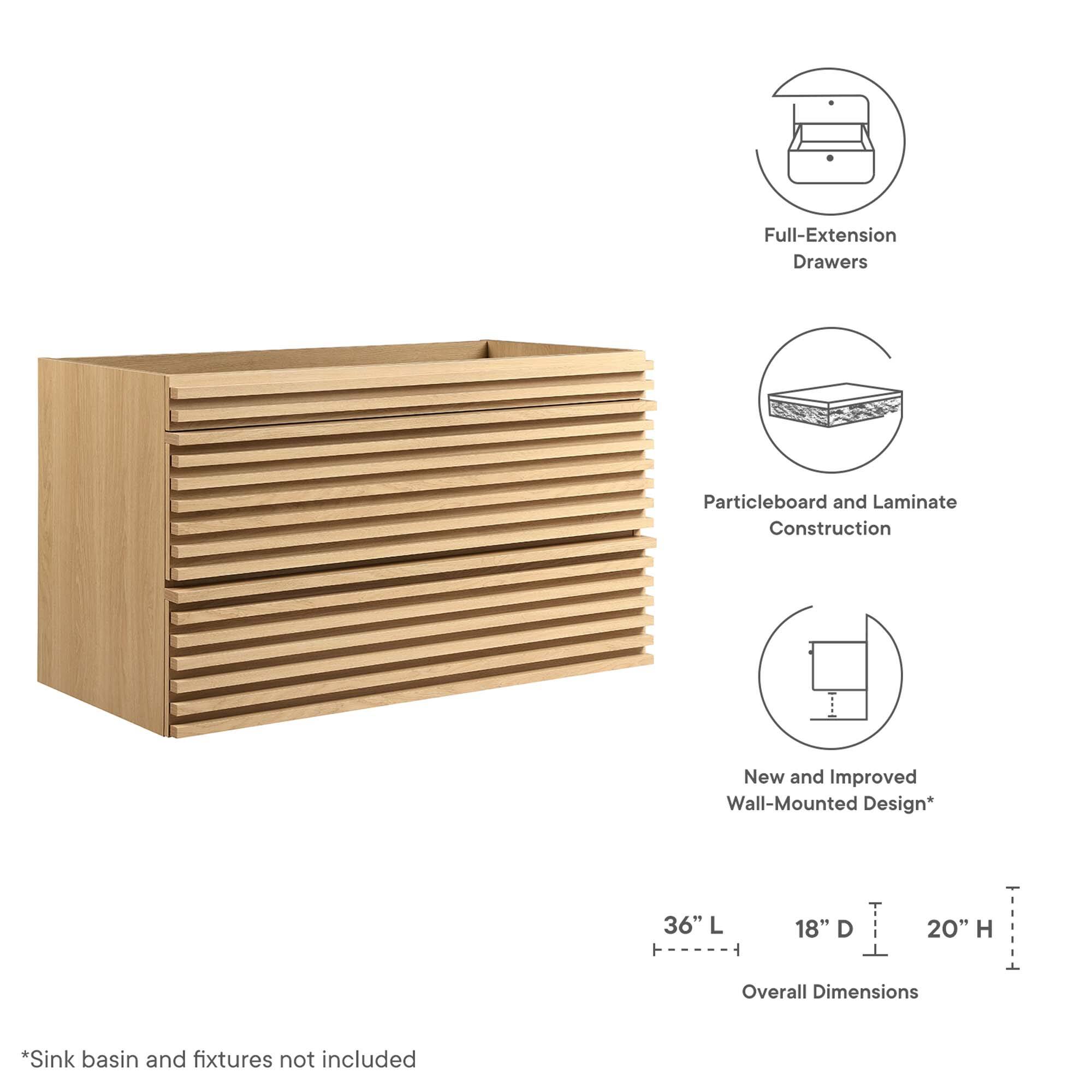 Full-Extension Drawers  
Particleboard and Laminate Construction  
New and Improved Wall-Mounted Design*  

36" L x 18" D x 20" H  
Overall Dimensions  

*Sink basin and fixtures not included