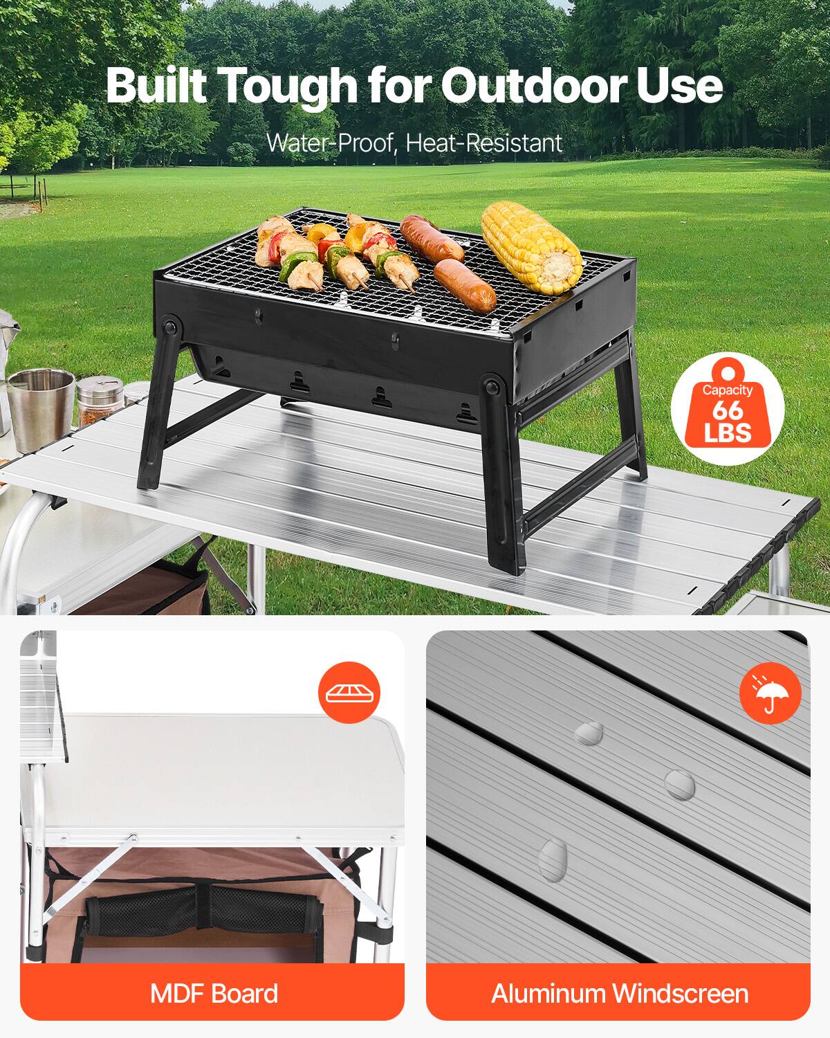 Built Tough for Outdoor Use, Water-Proof, Heat-Resistant, Capacity 66 LBS, MDF Board, Aluminum Windscreen