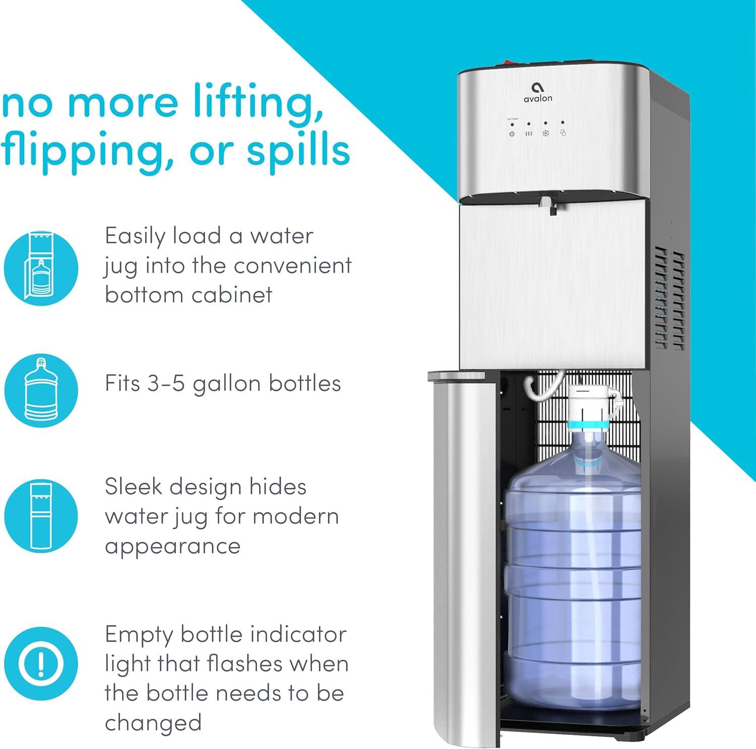 no more lifting, flipping, or spills

Easily load a water jug into the convenient bottom cabinet

Fits 3-5 gallon bottles

Sleek design hides water jug for modern appearance

Empty bottle indicator light that flashes when the bottle needs to be changed