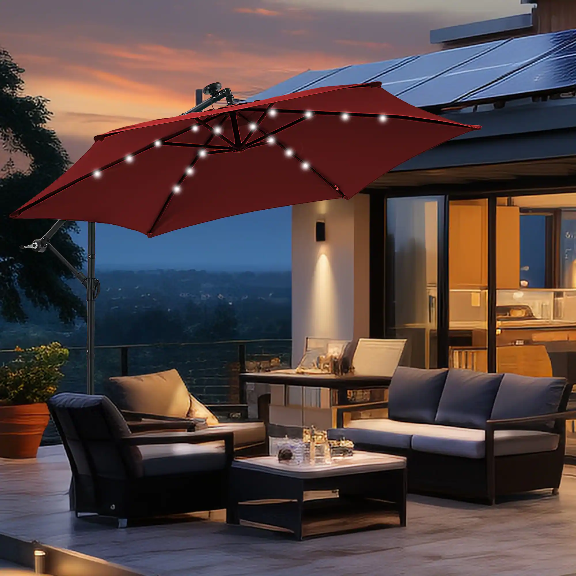 Angle. Ainfox - Ainfox 10FT Outdoor Patio Umbrella Hanging Offset with Cross Base  Sand Bags & 32 LED Solar Lights - red.