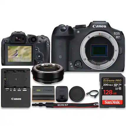 Canon EOS R7
Canon Battery Charger
Canon Battery
Canon Mount Adapter EF-EOS R
SanDisk Extreme PRO 200 MB/s V30 XC 128 GB
Canon EOS R7 Strap