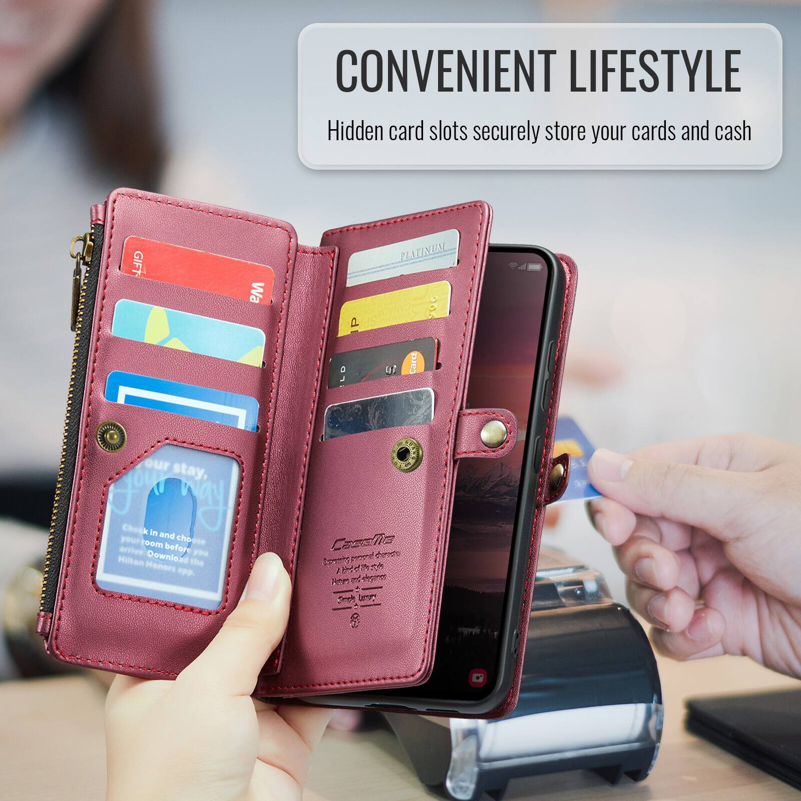 CONVENIENT LIFESTYLE  
Hidden card slots securely store your cards and cash  

GIFT  
PLATINUM CANADA  

Your stay, our way  
Check in and choose your room before you arrive  
Download the Hilton Honors app.  

Cazdla pai dharidte  
Eing_totrncr 2  
be  
notre  
shnpres