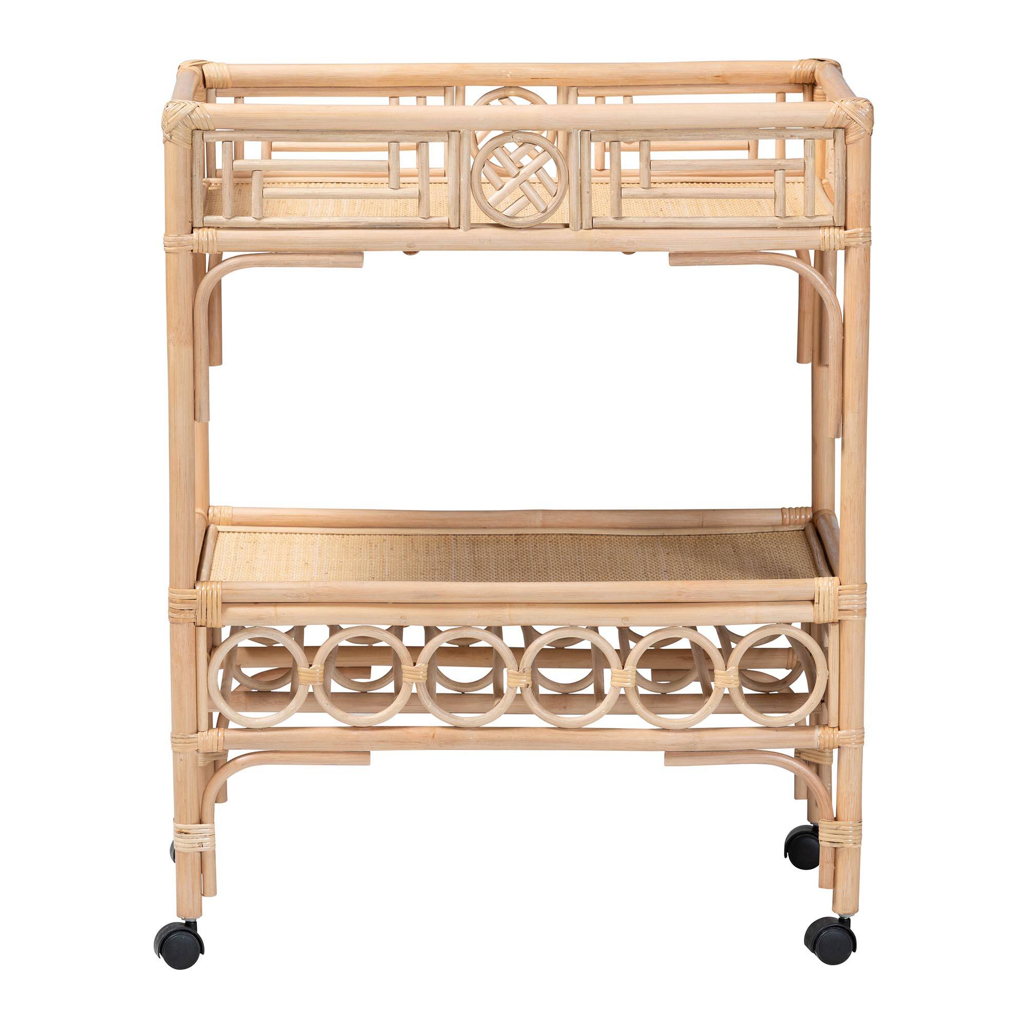 Angle. bali & pari - Molina Natural Rattan Wine Cart - 2-Tier Beverage Trolley with Wheel and Bottle Holders, Tropical Coastal Furniture - Natural Brown/Black.