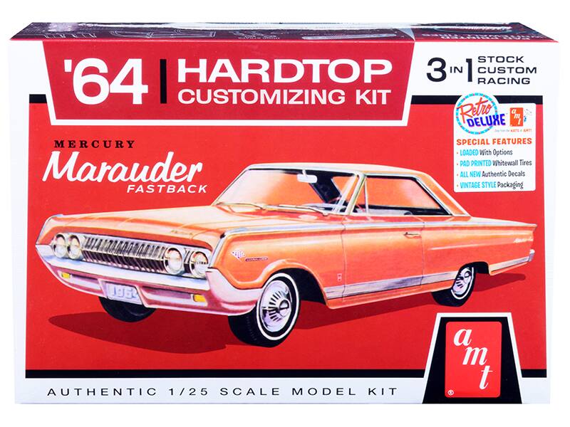 Sure, here is the corrected and grouped text from the image:

---

**'64 HARDTOP CUSTOMIZING KIT**

**MERCURY Marauder FASTBACK**

**3 IN 1 STOCK CUSTOM RACING**

**Retro DELUXE**

**SPECIAL FEATURES:**
- LOADED With Options
- PAD PRINTED Whitewall Tires
- ALL NEW Authentic Decals
- VINTAGE STYLE Packaging

**AUTHENTIC 1/25 SCALE MODEL KIT**

**a m t**

---

This text is organized to reflect the layout and information on the box.