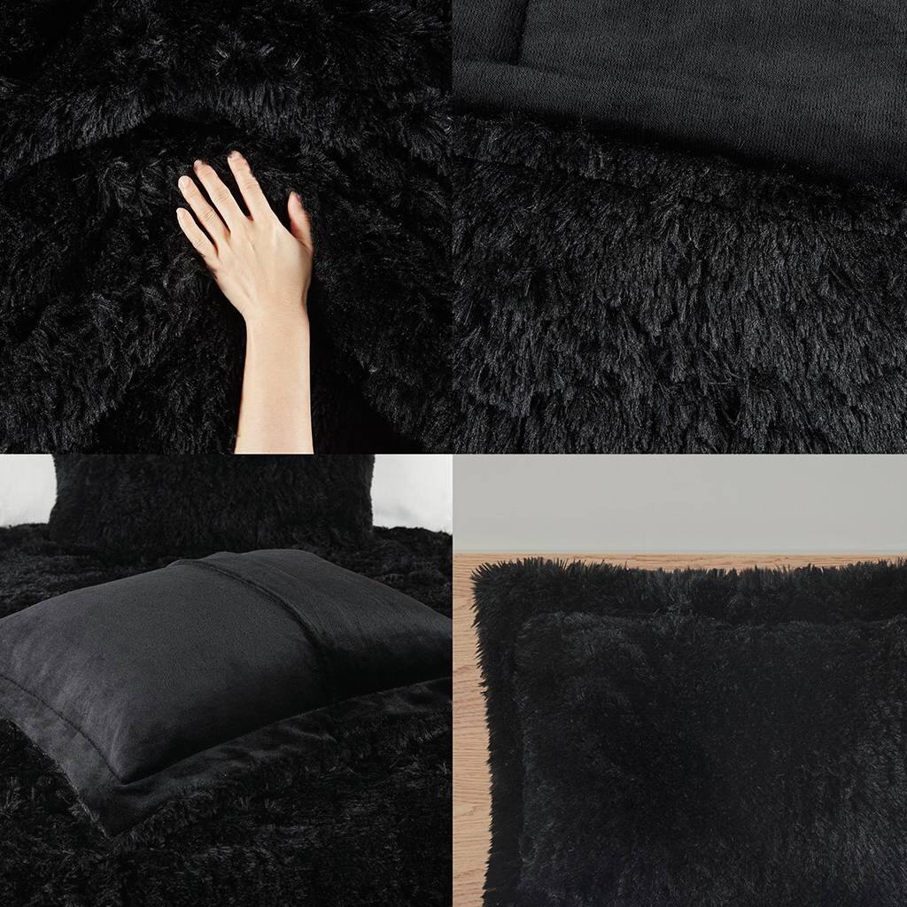 Angle. Hivvago - Full/Queen Black Soft Sherpa Faux Fur 3-Piece Comforter Set with Pillow Shams - Black.