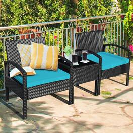 Gymax - 3PCS Patio Rattan Conversation Furniture Set Outdoor Yard w/ Turquoise Cushions - Black