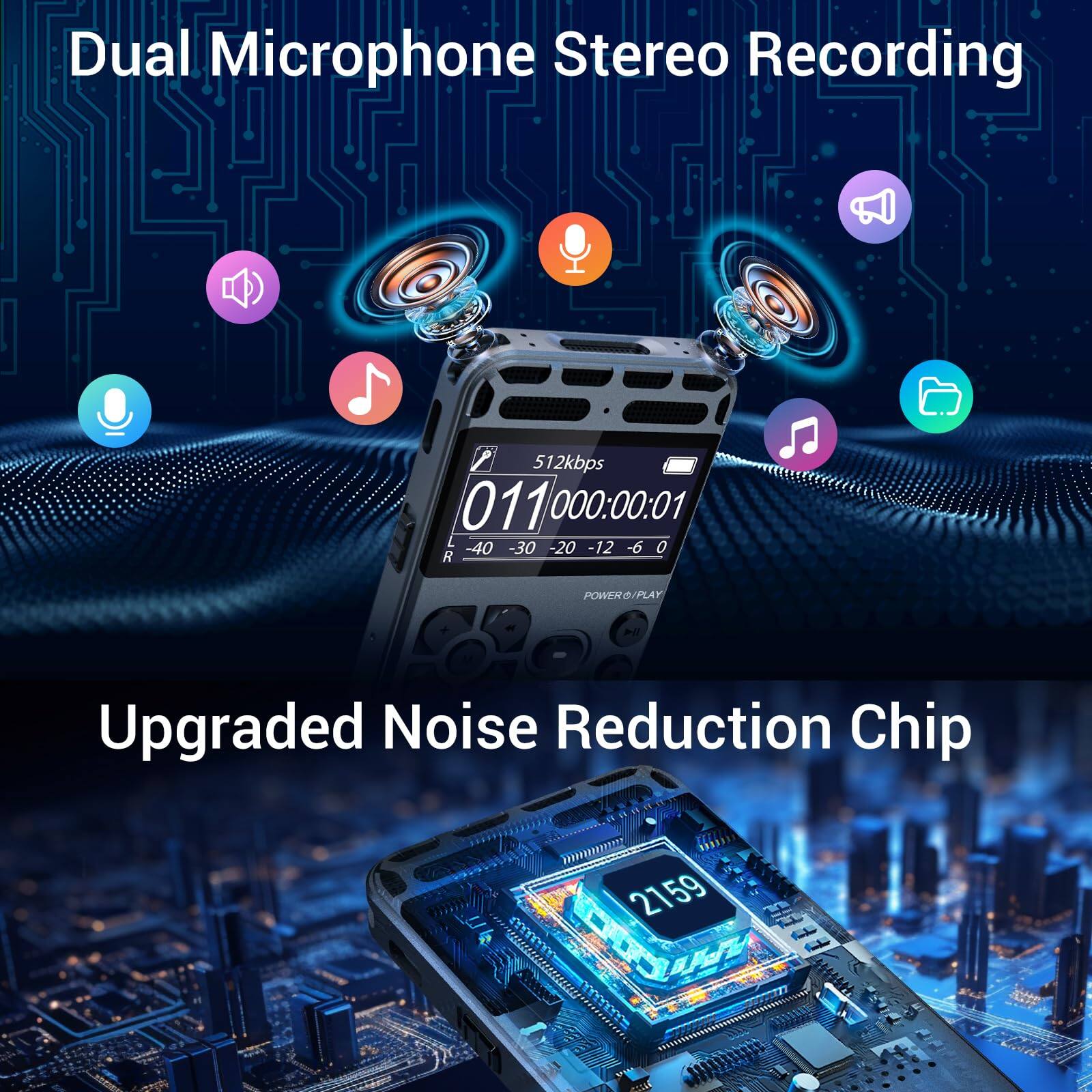 Dual Microphone Stereo Recording  
512kbps  
011 000:00:01  
40 -30 -20 -12 -6  
R POWER / PLAY  

Upgraded Noise Reduction Chip  
2159