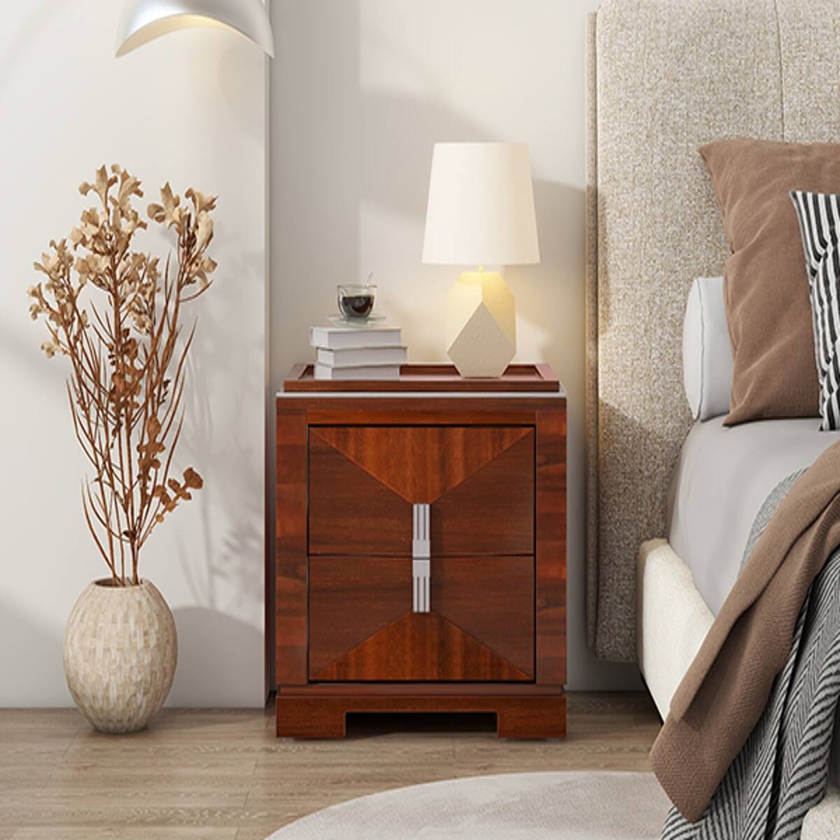 Left. Loheer - Loheer Mid-Century Modern Nightstand, Two Drawer Storage, Dark Brown, Twenty-Four Inch Wide - Dark Brown.