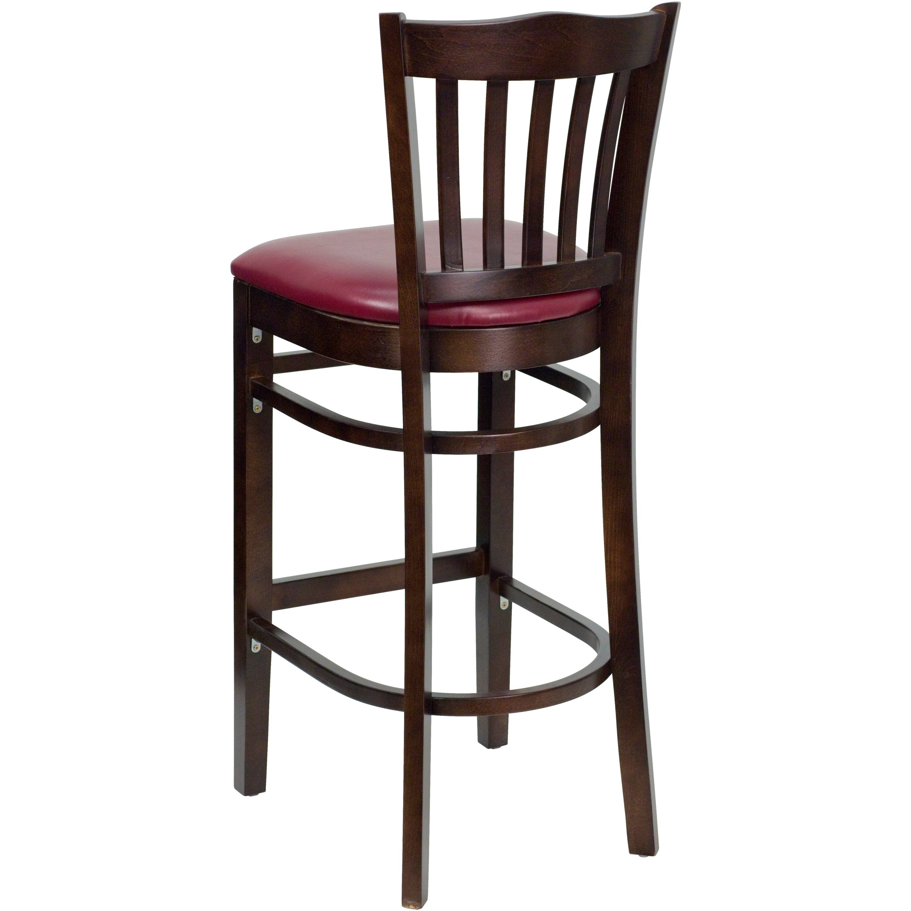 Alt View 3. Emma + Oliver - Vertical Slat Back Wooden Restaurant Dining Barstool - Burgundy Vinyl Seat/Walnut Wood Frame.
