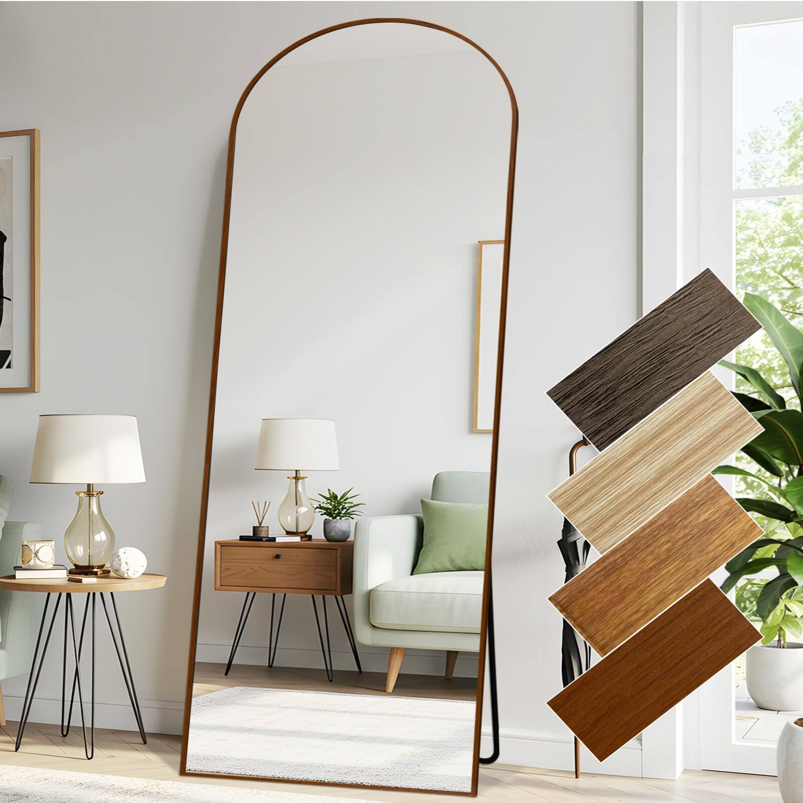 Comfort Essence - Arched Full Length Mirrors Aluminium Frame In Classic Wood Looking Free Standing Floor Mirror Body Wall M - Reddish Brown-76"L x 34"W