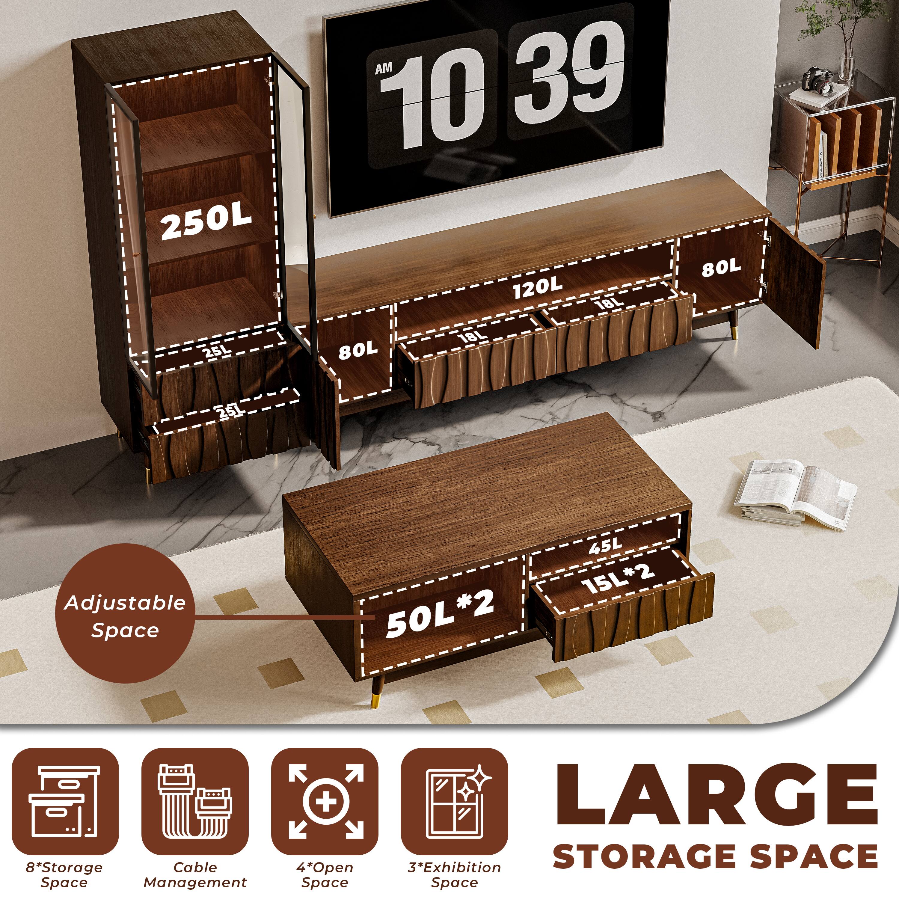 - 250L
- 25L
- 80L
- 80L
- 120L
- 18L
- 18L
- 50L*2
- 45L
- 15L*2
- Adjustable Space
- 8*Storage Space
- Cable Management
- 4*Open Space
- 3*Exhibition Space
- LARGE STORAGE SPACE