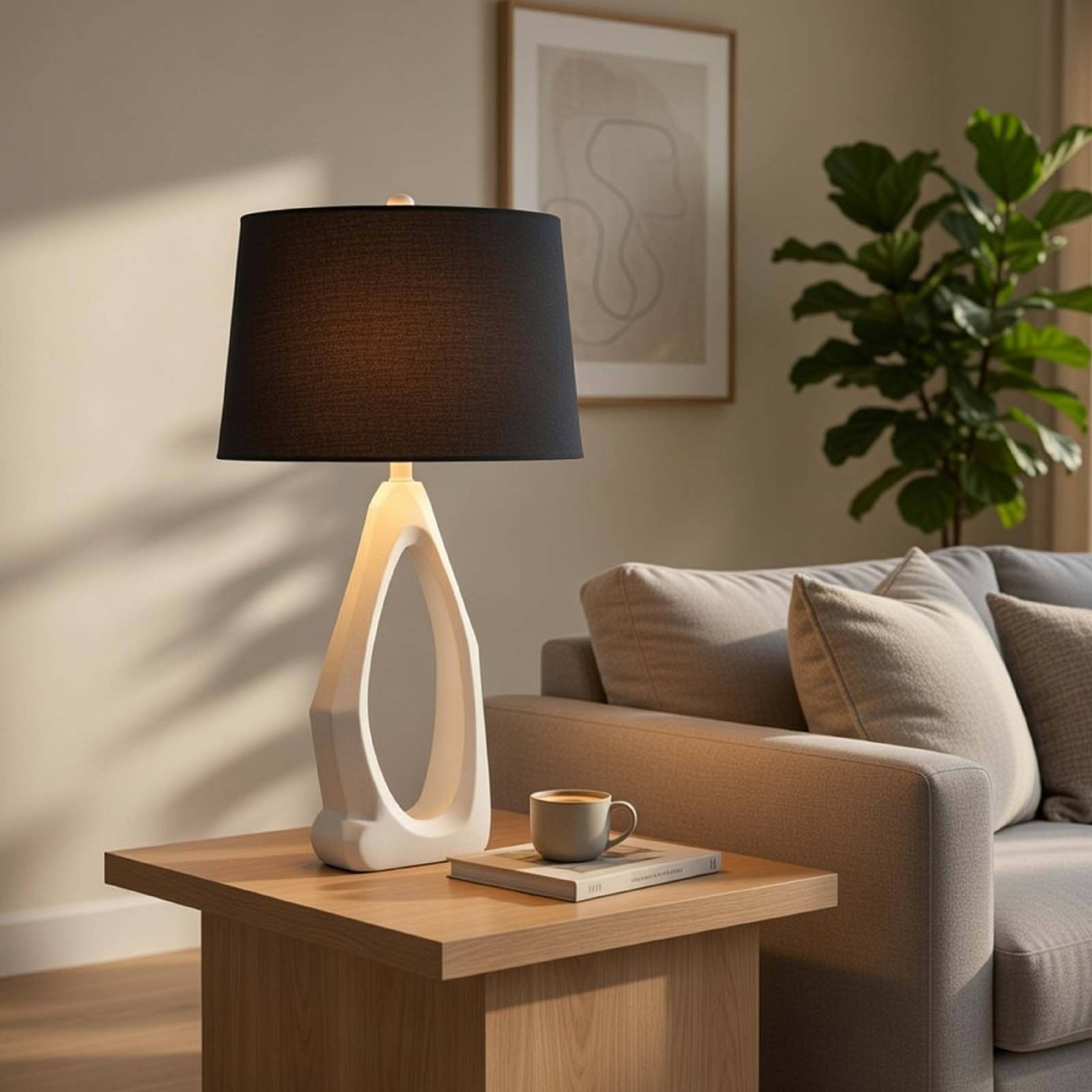 Alt View 4. Manhattan Lane - Table Lamp with Drum Shade, Sculpted Resin Base, 30 Inch - Hydrocal White, Black.