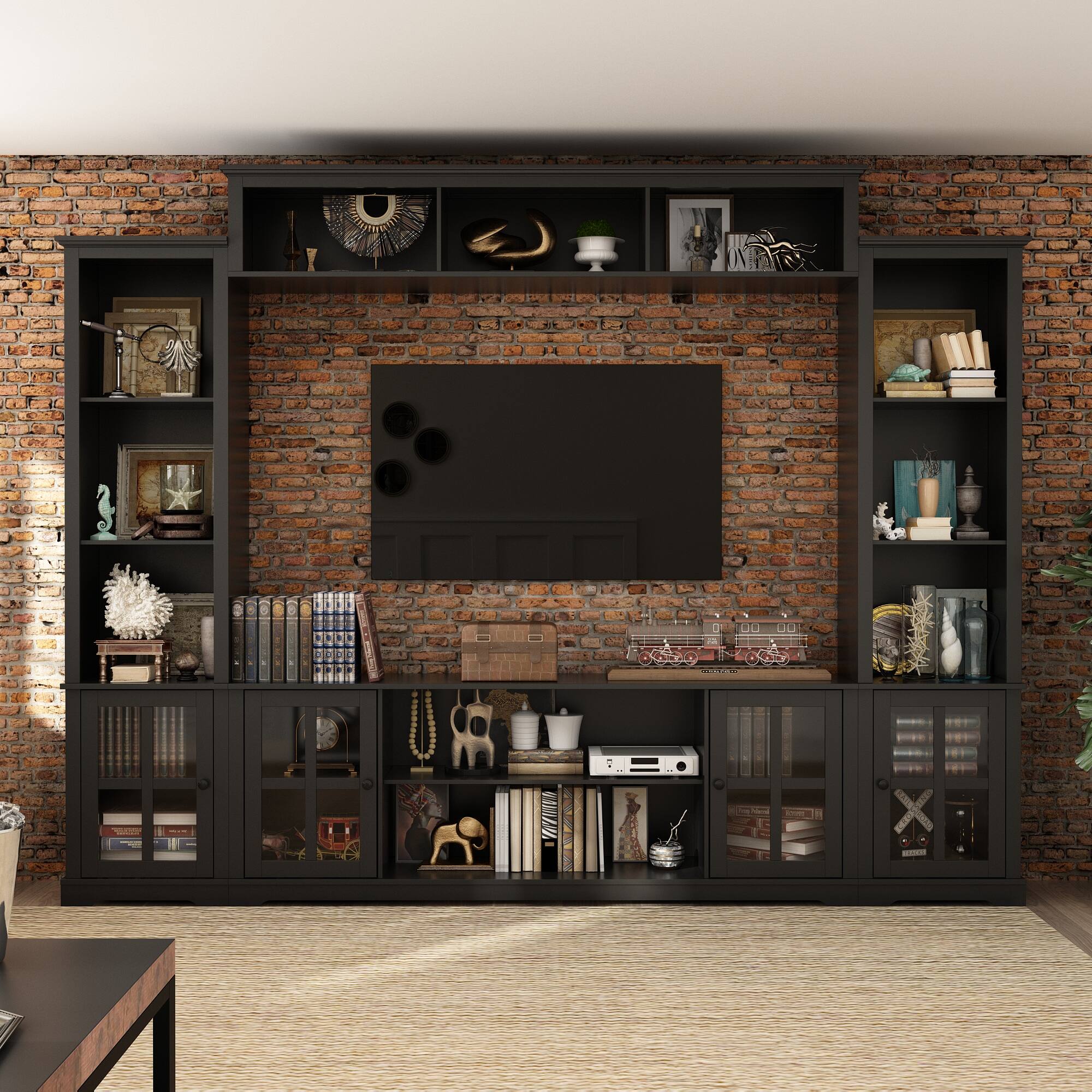 Alt View 10. Famapy - Famapy Entertainment Center for TVs Up to 70 Inches, Wall Unit with Storage Shelves & Glass Doors TV Stands - Black.