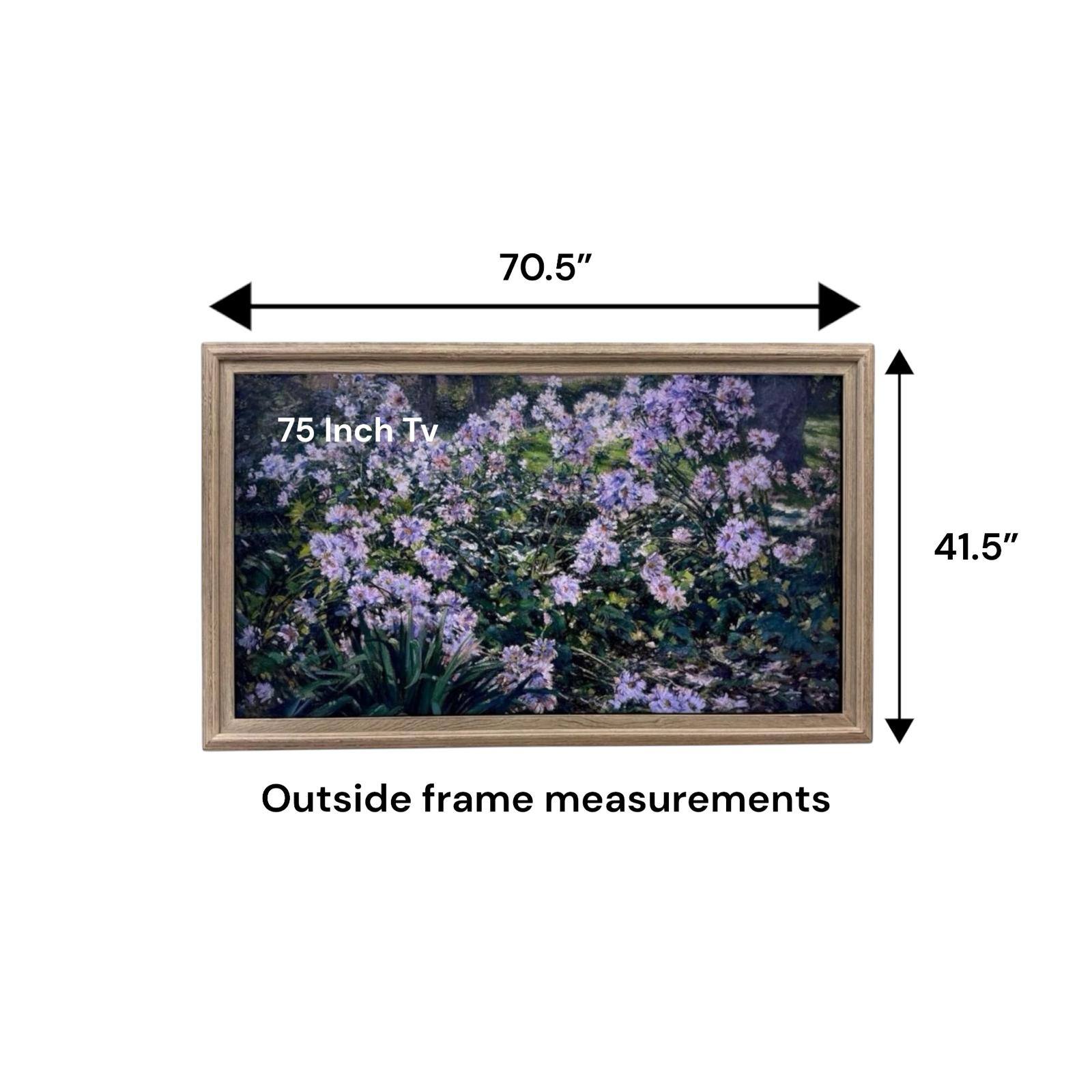 70.5" x 41.5" Outside frame measurements

75 Inch Tv