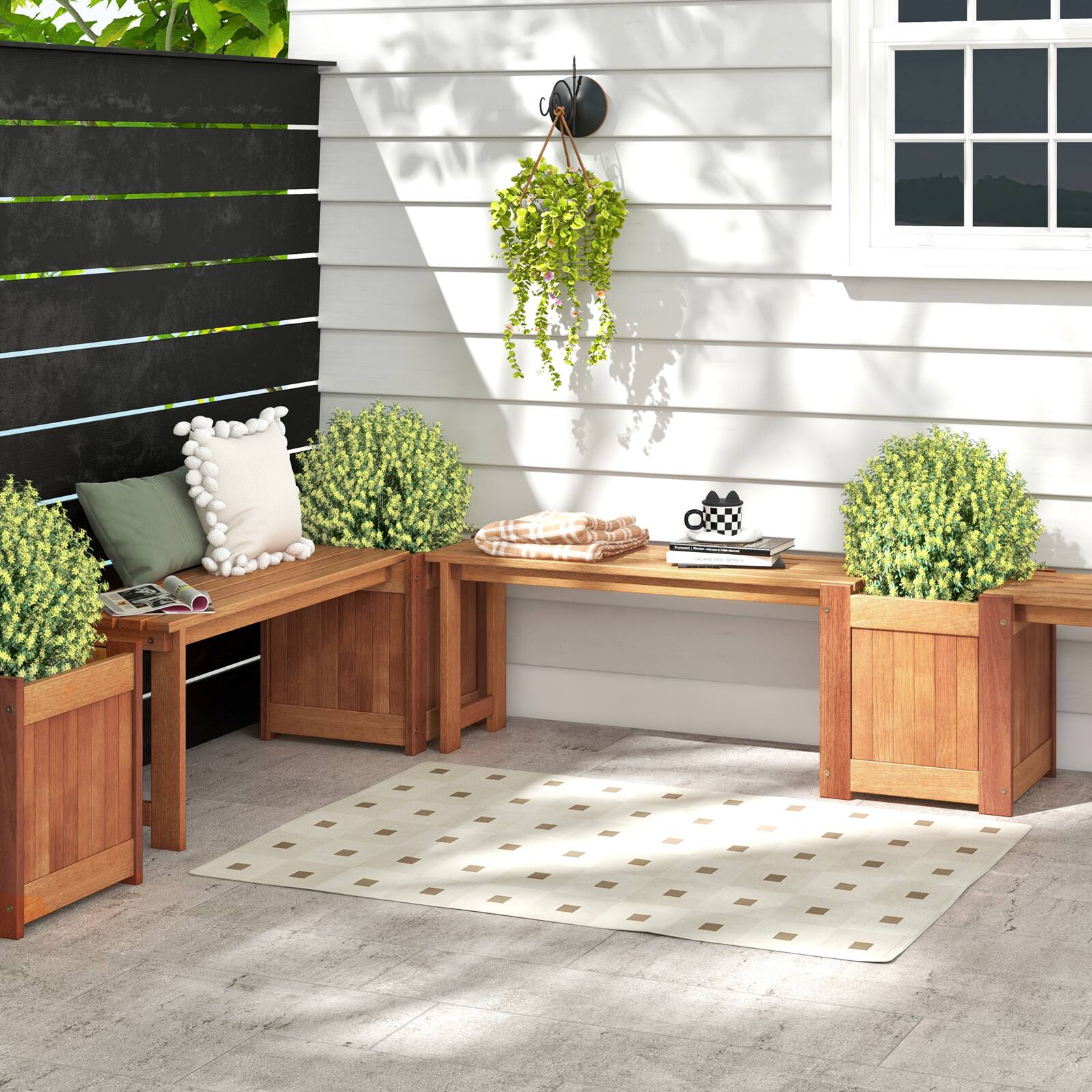 Alt View 4. Costway - Costway Wood Planter Box Set with Bench, Hardwood Planter Box, Teak Oil Finish for Garden - Natural.