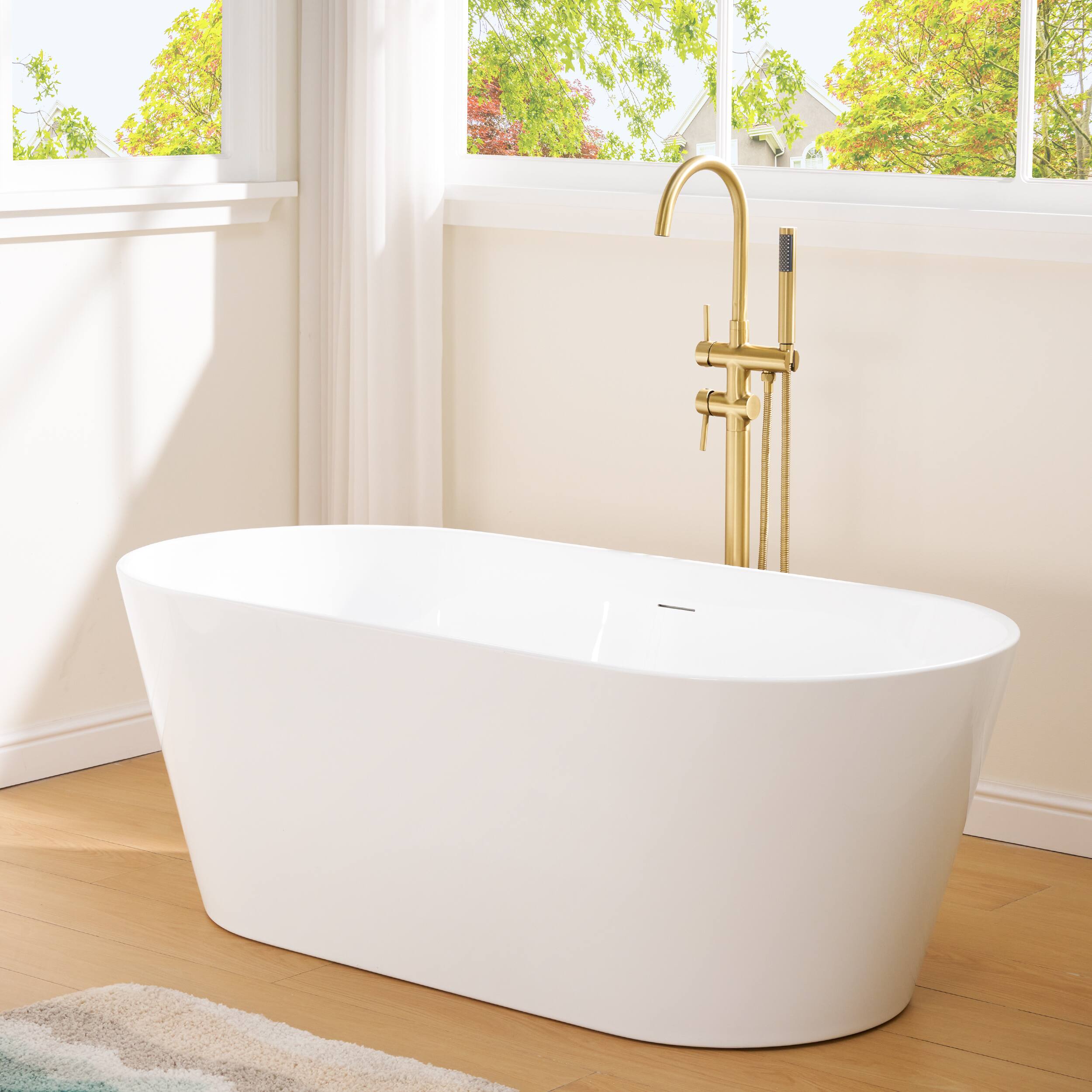 Left. WELLFOR - Divan 60 in. L x 29 in. W Acrylic Freestanding Double Ended Soaking Bathtub with Pop-up Drain ( Center Drain ) - White.