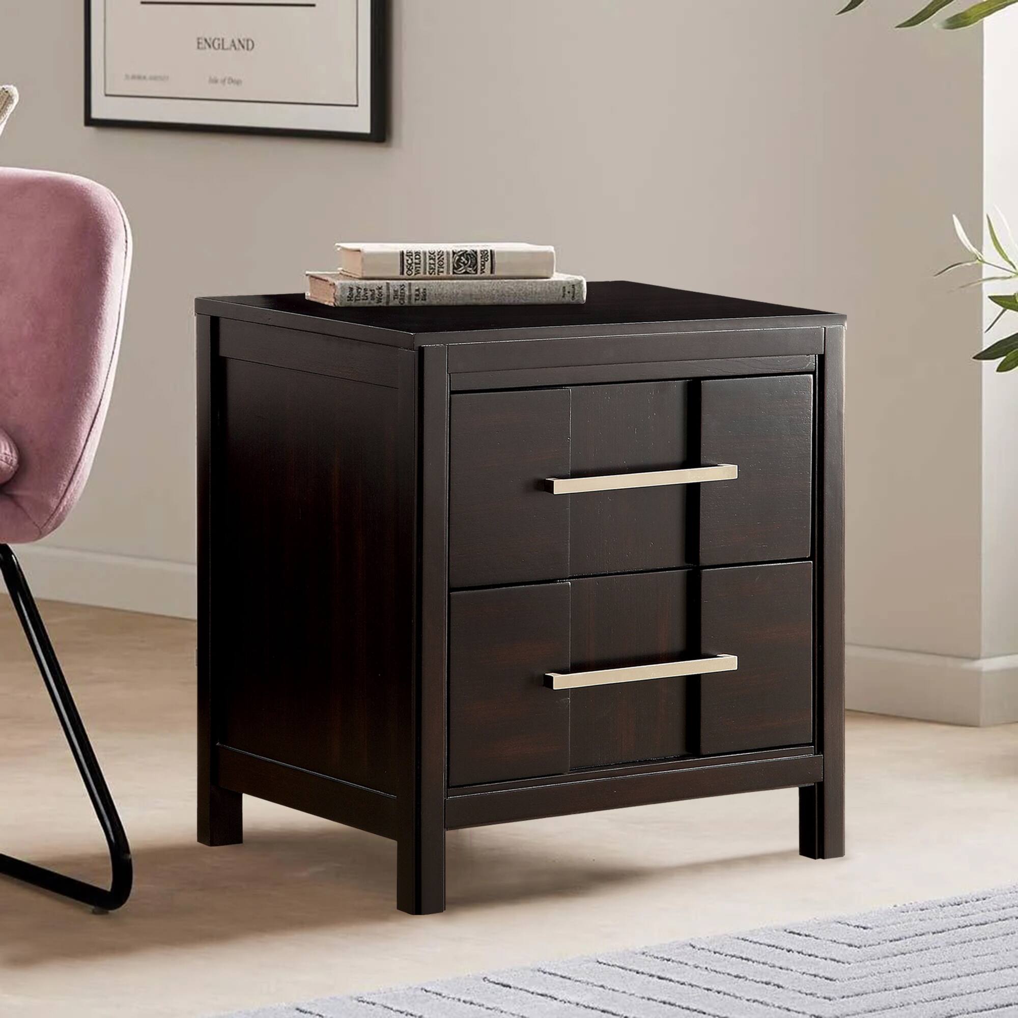 Back. Vaczon - Transitional Solid Wood Nightstand with 2 Felt-Lined Drawers & Nickel Bar Pull - Espresso.