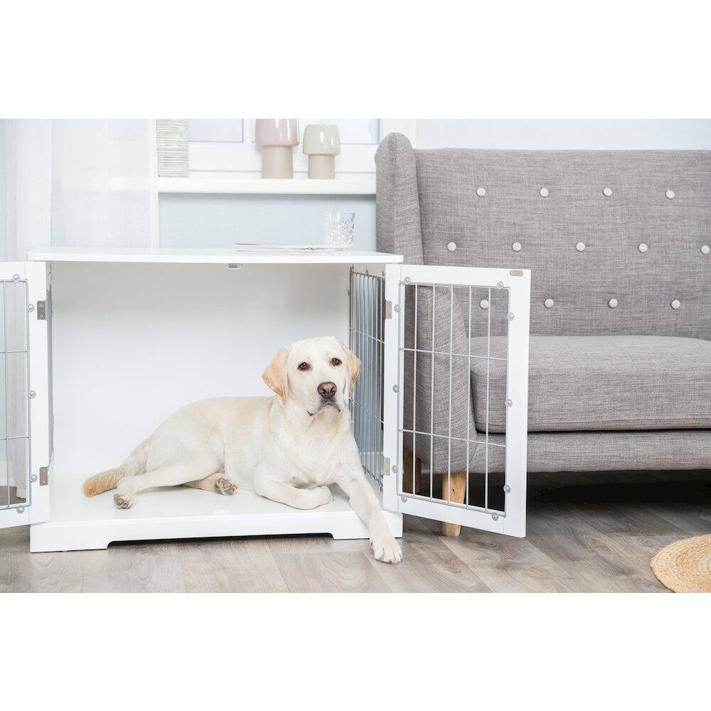 Left. TRIXIE - 32.7" Dog Crate, Wooden Indoor Kennel Furniture for Dogs Up to 50 lb - White.