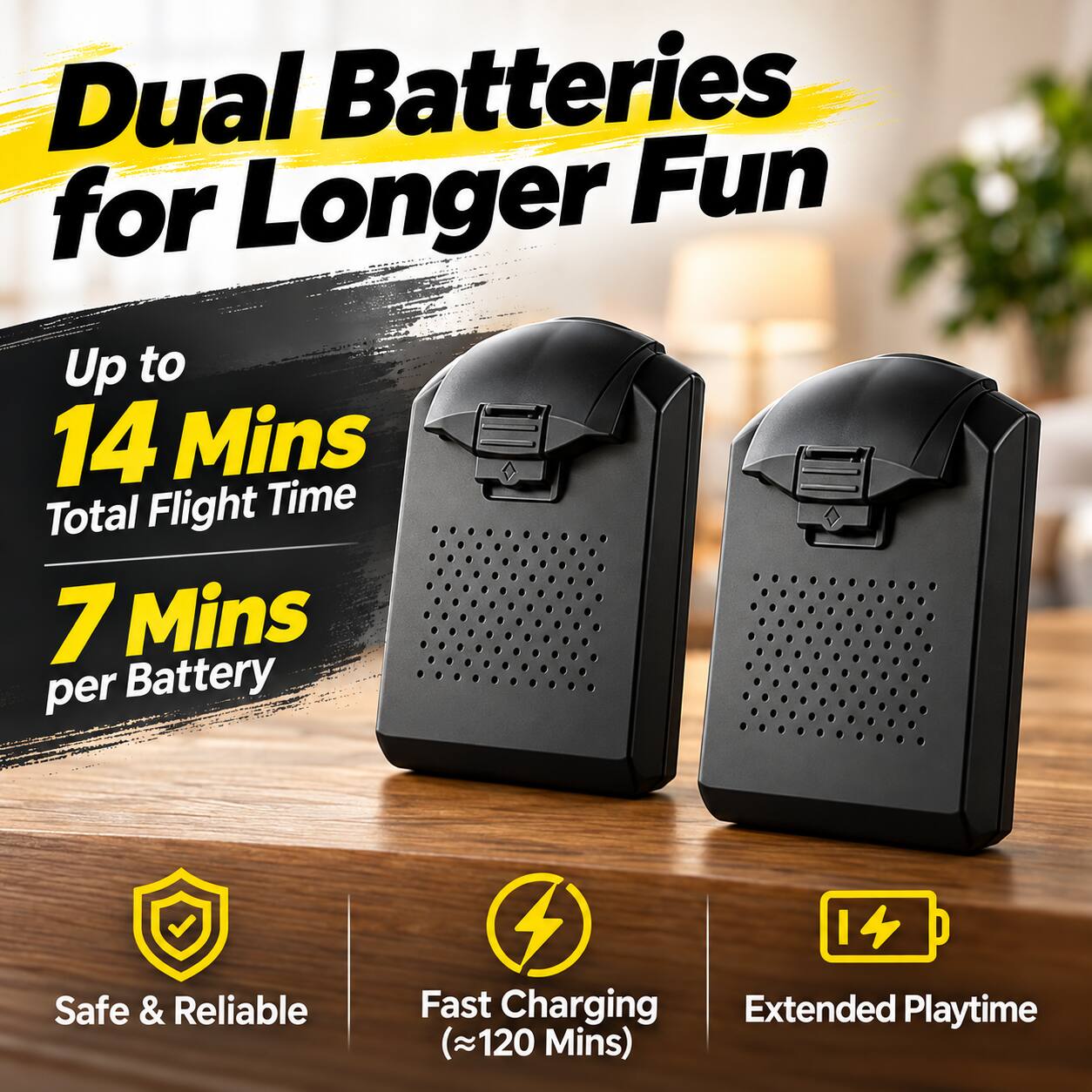 Dual Batteries for Longer Fun  
Up to 14 Mins Total Flight Time  
7 Mins per Battery  

Safe & Reliable  
Fast Charging (120 Mins)  
Extended Playtime