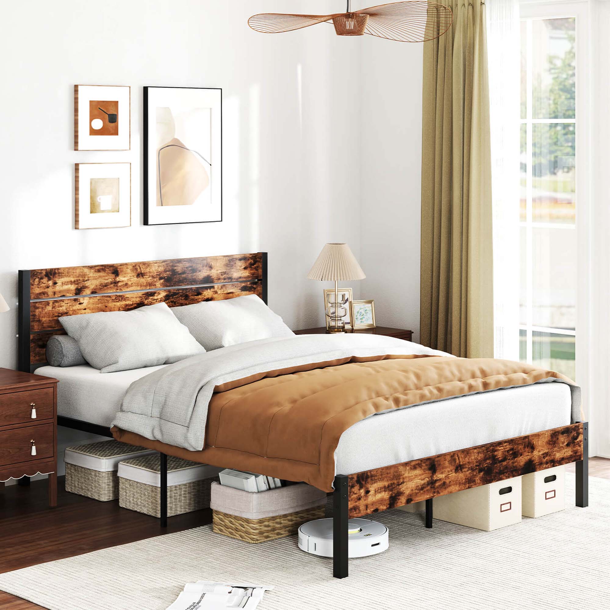 Alt View 2. Costway - Queen Bed Frame with Tall Industrial Headboard Heavy-Duty Metal Slats Support - Brown.