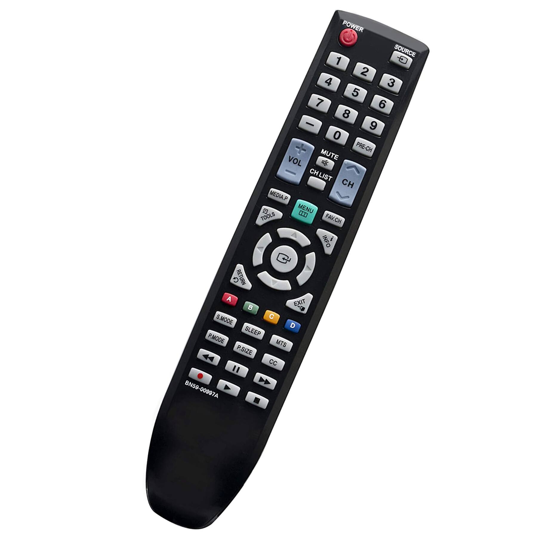 POWER SOURCE 1 2 3 4 5 6 7 8 9 0 PRE-CH VOL MUTE CH LIST CH MEDIA P MENU TOOLS FAV.CH INFO RETURN A EXIT B S.MODE S C D SLEEP P.MODE MTS P.SIZE CC >> BN59-00997A