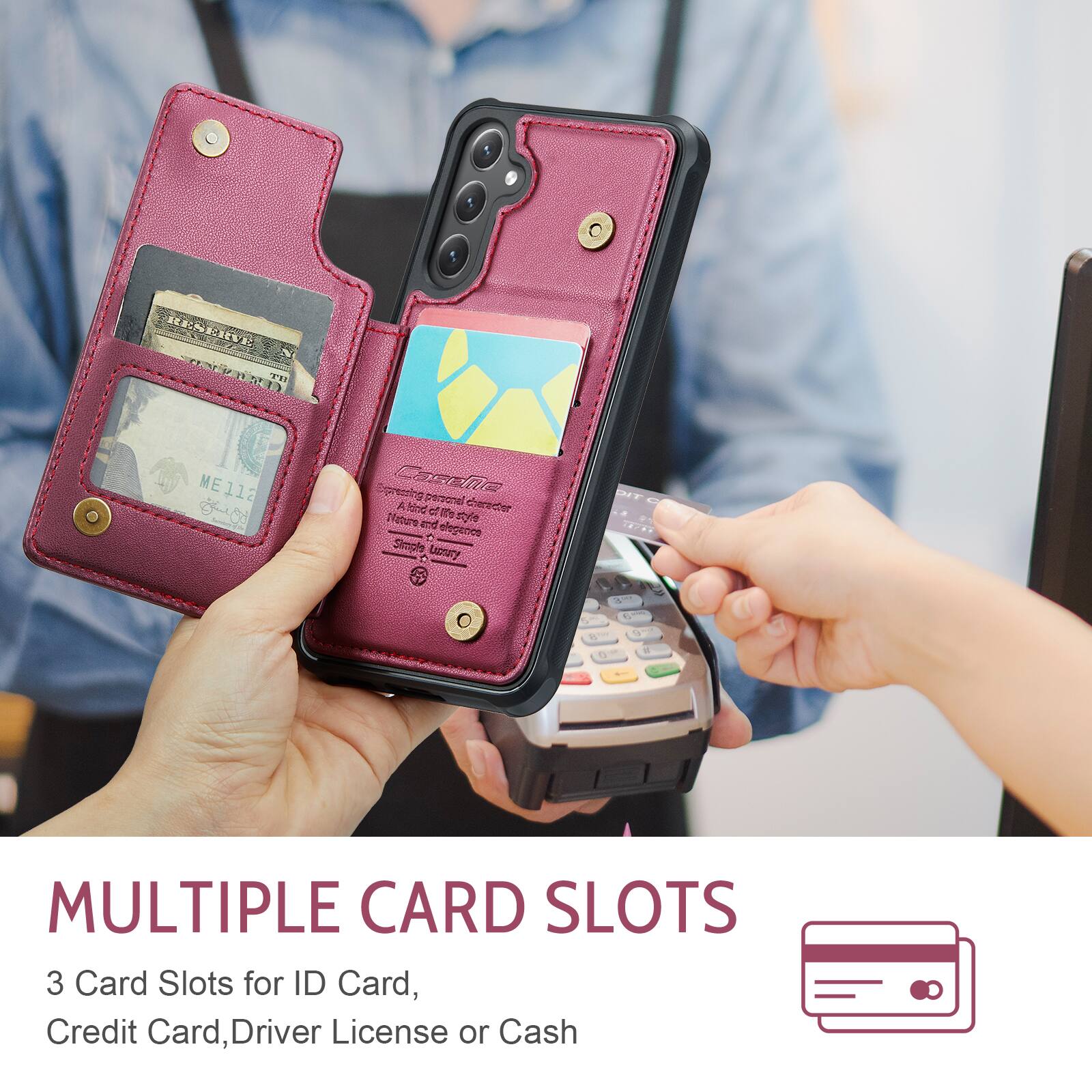 RESERVE OVERGED TW

MElla
pressing CaseMe personal 22 fond We character Nature and style 4 ologanco Simple Contury

TIC 
e
8
2

MULTIPLE CARD SLOTS
3 Card Slots for ID Card, Credit Card, Driver License or Cash