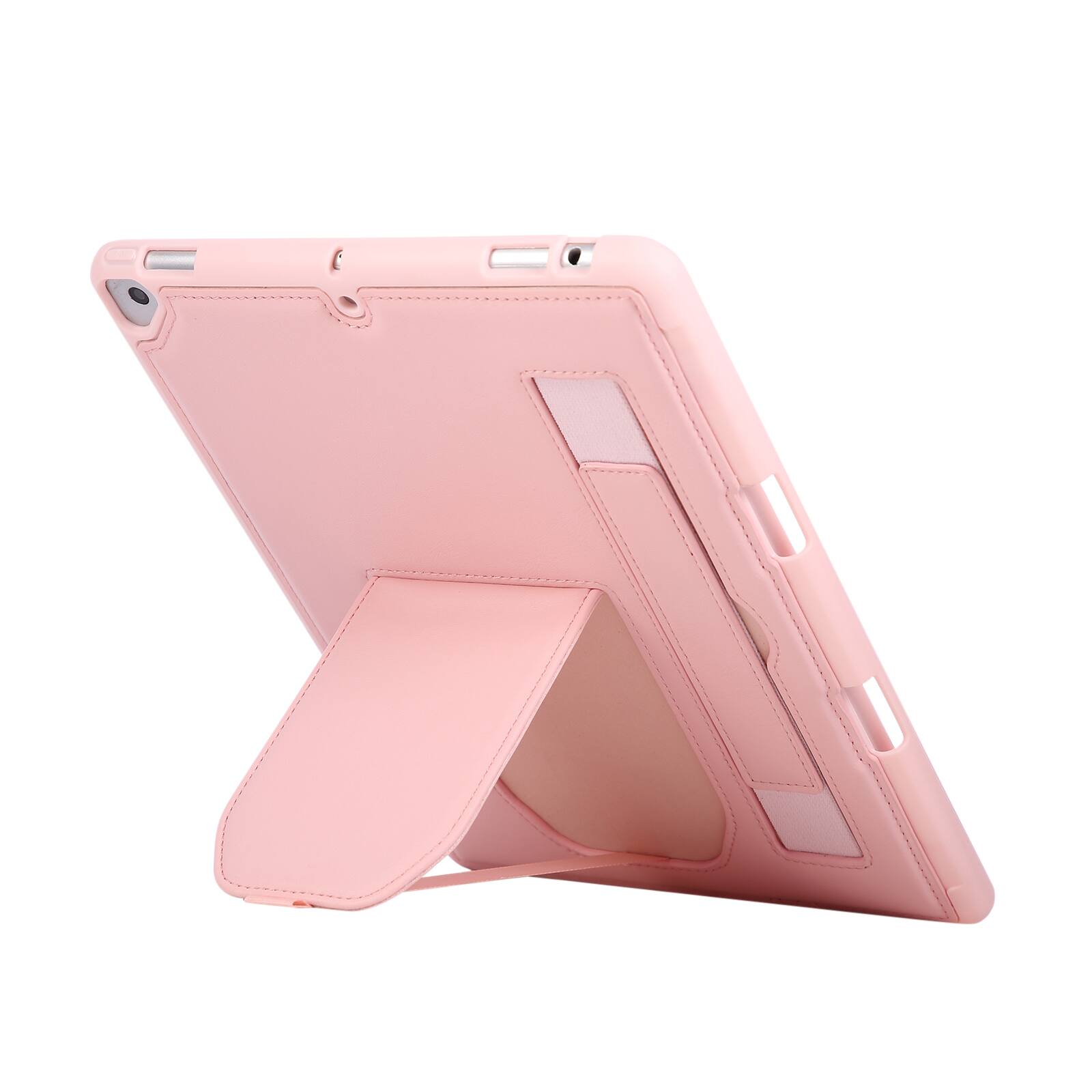 Back. Dteck - Shockproof Case for Apple iPad (9th Generation) 10.2" 2021 with Hand Strap Kickstand, PU Leather TPU Protective Cover - Pink.