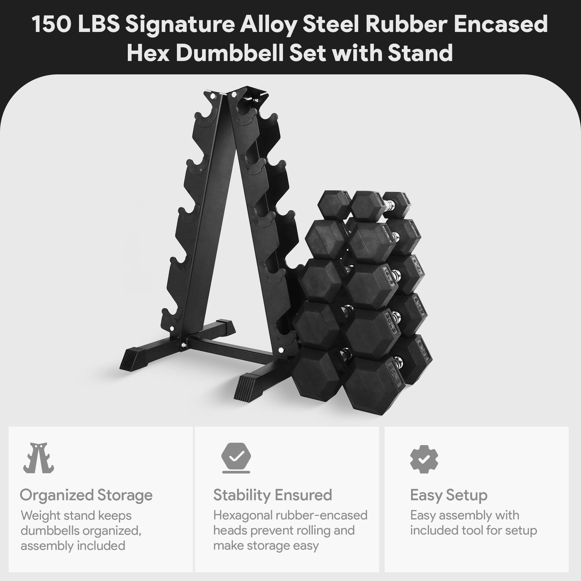 150 LBS Signature Alloy Steel Rubber Encased Hex Dumbbell Set with Stand

- Organized Storage
  - Weight stand keeps dumbbells organized, assembly included

- Stability Ensured
  - Hexagonal rubber-encased heads prevent rolling and make storage easy

- Easy Setup
  - Easy assembly with included tool for setup