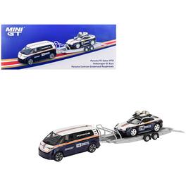 True Scale Miniatures - Porsche 911 Dakar #718 Blue and White with Rack and Volkswagen ID. Buzz w/Flatbed Trailer Set 1/64 Model Car by Mini GT