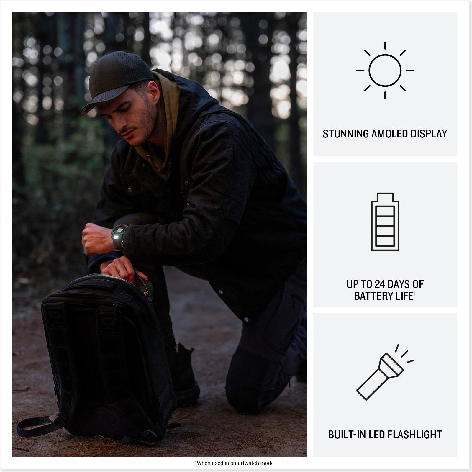 STUNNING AMOLED DISPLAY

UP TO 24 DAYS OF BATTERY LIFE*

BUILT-IN LED FLASHLIGHT

*When used in smartwatch mode