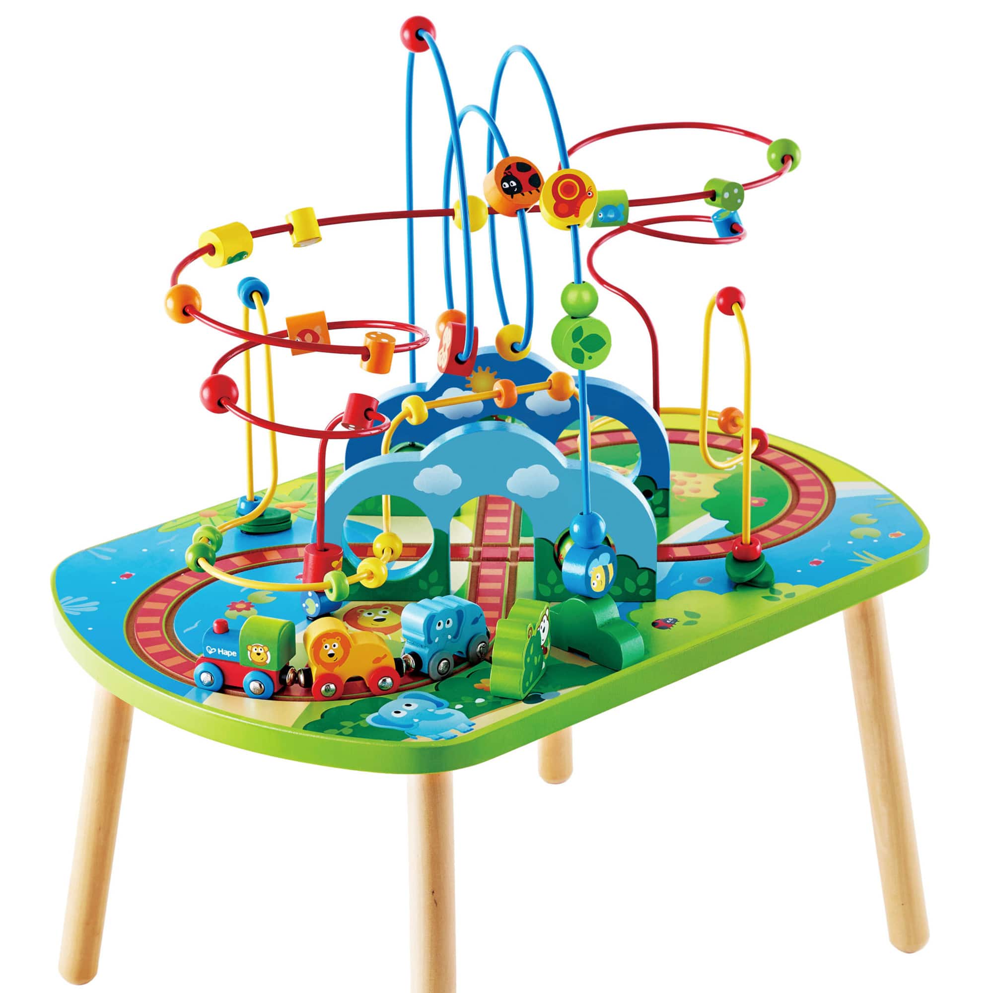 Front. Hape - Jungle Adventure Wooden Bead Maze & Railway Train Track Play Table.